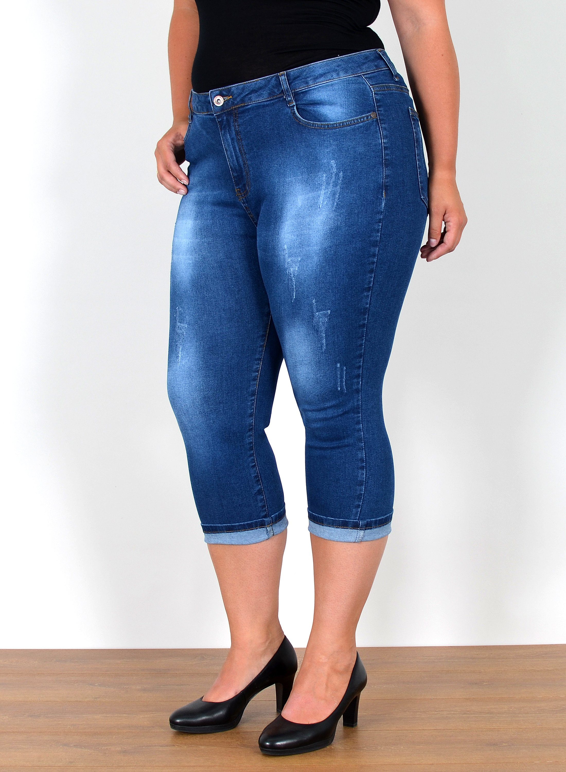 ESRA 3/4-Jeans C150 Capri Jeans Damen High Waist Hose Stretch, 3/4  Jeanshose Damen Capri bis Übergröße Plus Size Große Größen, 3/4 Jeans Capri  Damen Hose Sommer Hoch Bund mit Rissen, 3/4 Hose