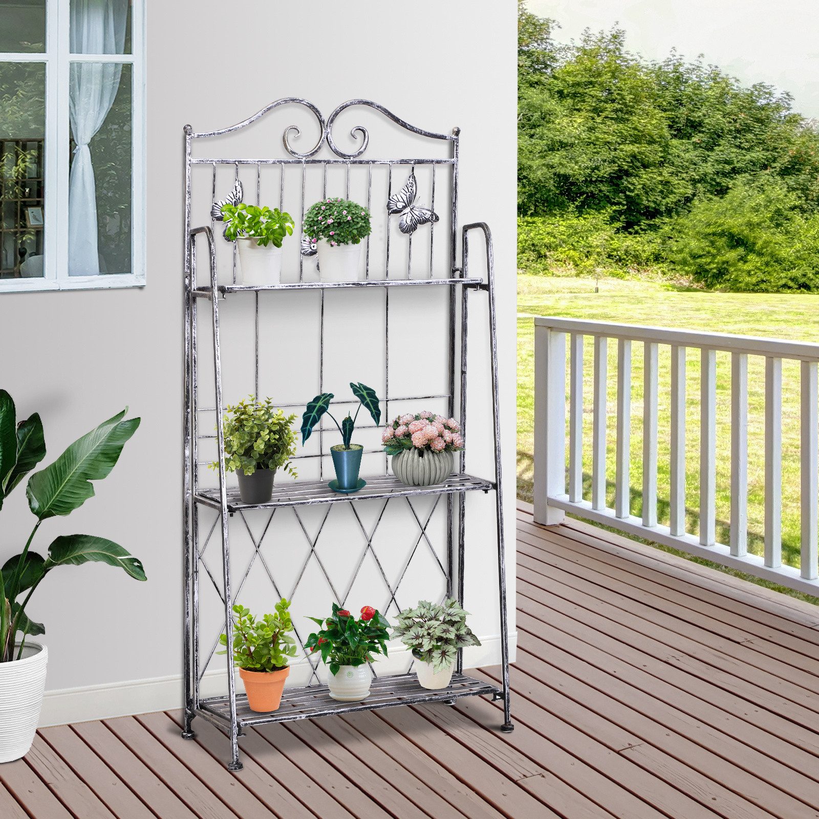 furnicato Pflanzentreppe Pflanzenständer Silbergrau 44x25x96 cm mit Schmetterlingen (1 St), Rostgeschütztes Blumenregal, klappbar und stabil für den Balkon