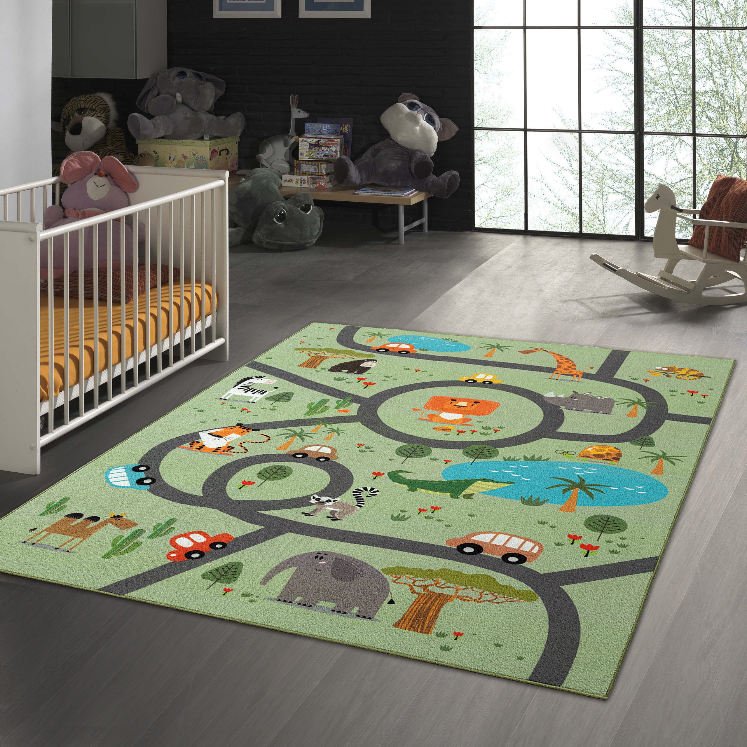 TeppichHome24 Kinderteppich Rutschfester Kinder-Straßenteppich mit Tieren grün, rechteckig