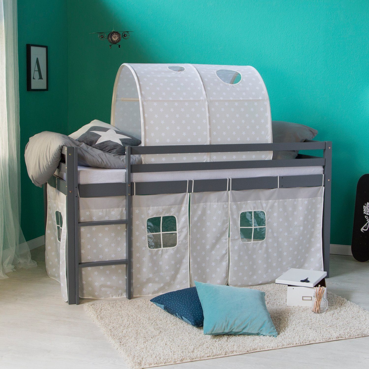Homestyle4u Hochbett 90x200 mit Vorhang und Tunnel in Grau Sterne 1876 günstig online kaufen