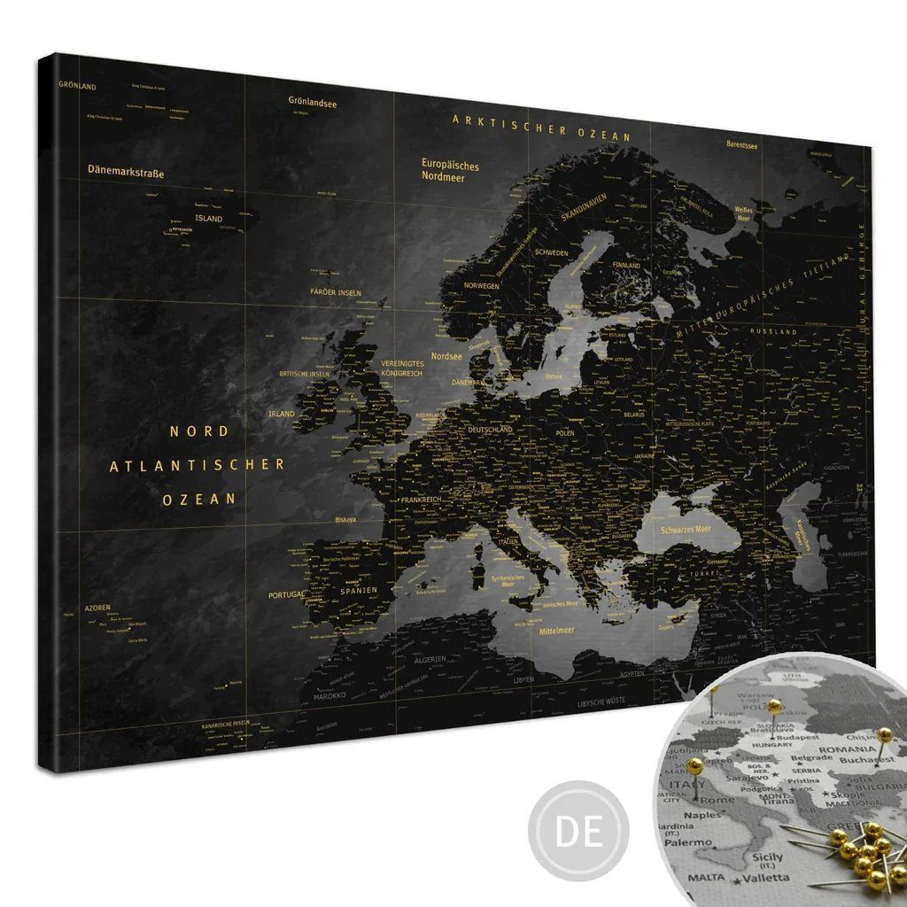 LANA KK Leinwandbild Europakarte Pinnwand zum markieren von Reisezielen, deutsche Beschriftung