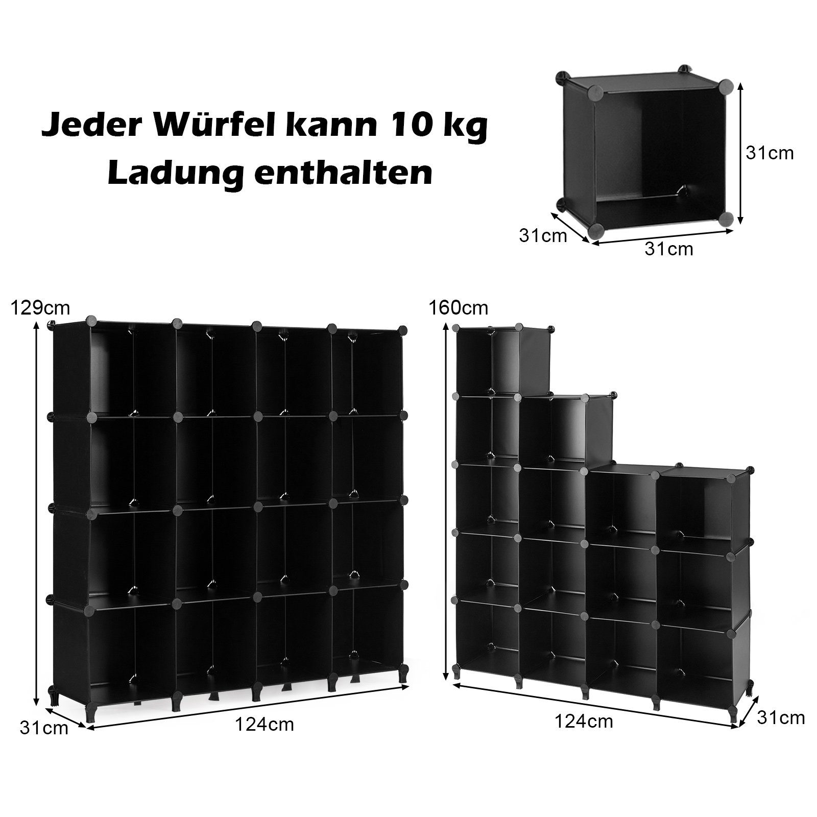 COSTWAY Regalwürfel, 16 Schwarz 129 cm halbtransparent, x 125 x stapelbar, 31 Fächer