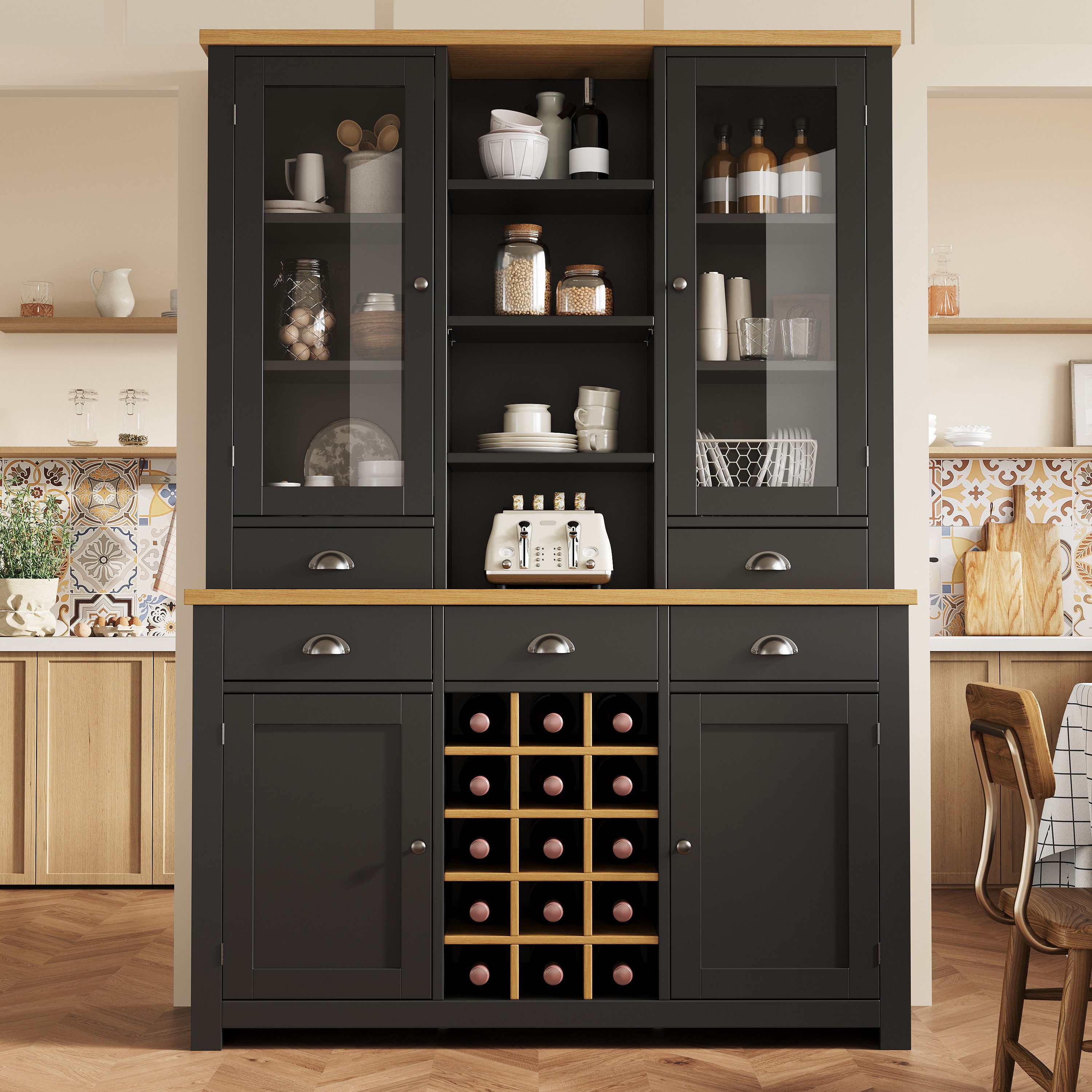 Flieks Küchenbuffet mit Arbeitsplatte in Holzoptik Natur, Glastüren und Weinregal (1-St., B120/T40/H185 cm) Hochschrank Küchenschrank Geschirrschrank mit verstellbarer Ablagen