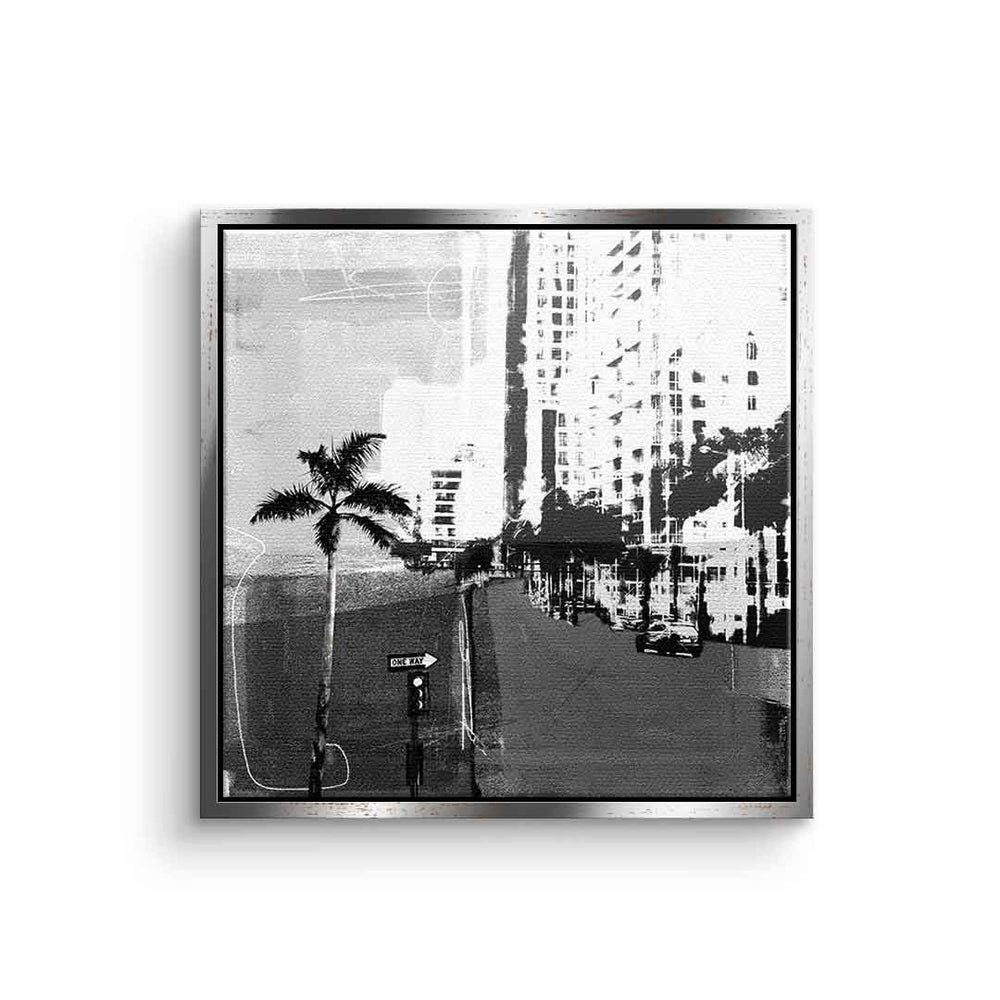 DOTCOMCANVAS® Leinwandbild Vintage Miami, Vintage Miami Leinwandbild quadratisch square schwarz weiß Wandbild silberner Rahmen