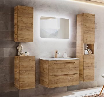 einfachgutemoebel Waschtisch-Set Badezimmer Waschplatz ARUBA 80cm, mit Einbaubecken weiß, goldeiche
