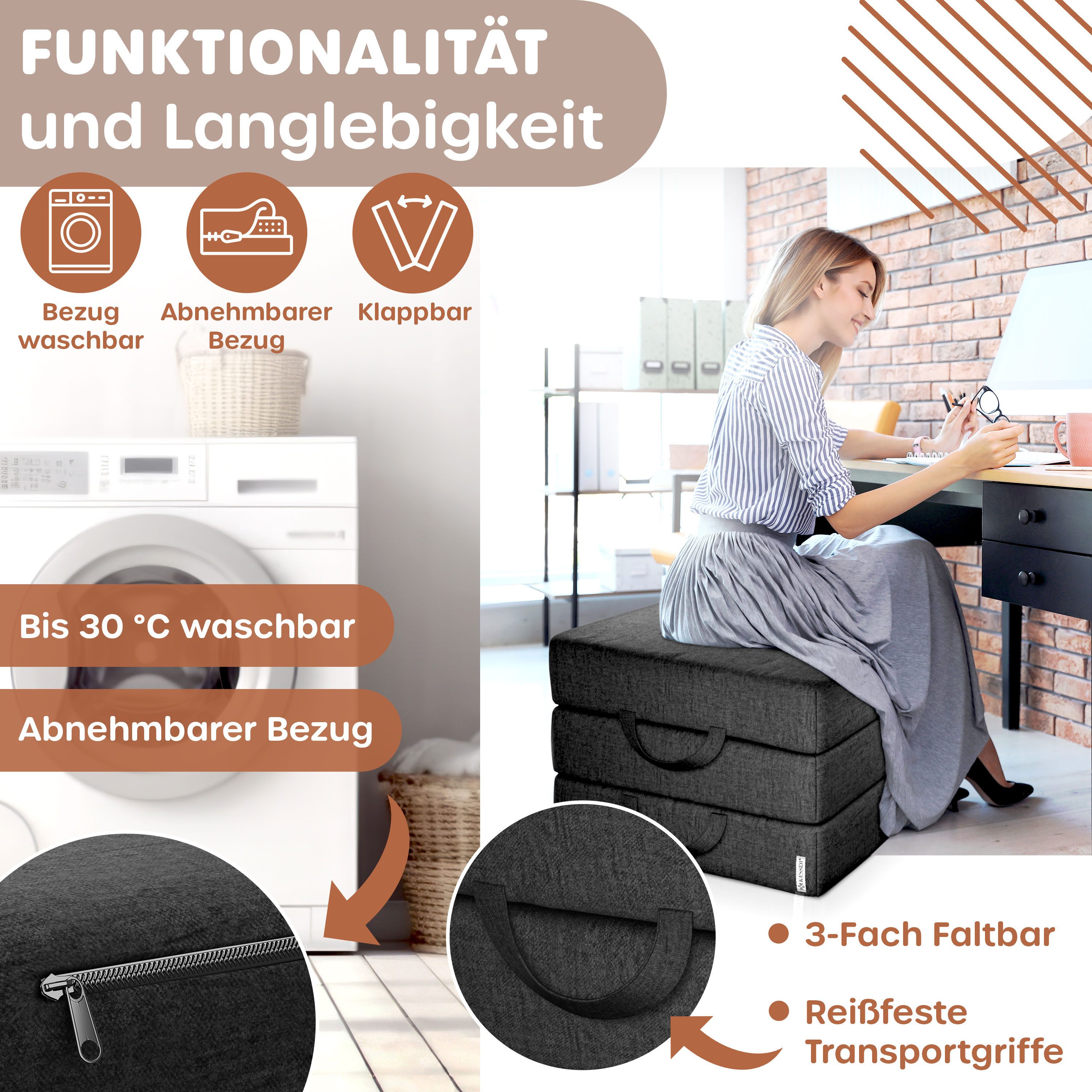 Klappmatratze 15cm hoch Gästematratze 3-fach faltbar zum Sitzhocker, KESSER, (bis zu 30 °C waschbarer abnehmbarer Bezug, Schaumstoff 25kg/m), Faltmatratze Inkl. Wasserabweisende Tragetasche