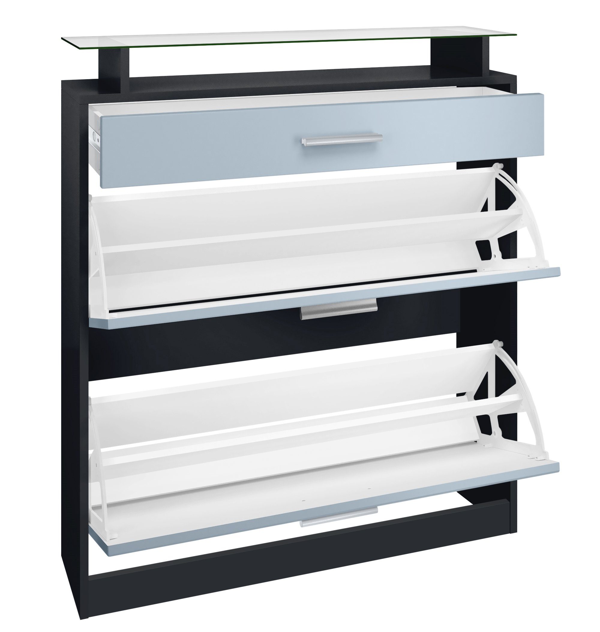 Vladon Schuhschrank Loret (hängender Schuhkipper für 16 Paar Schuhe, mit 2 Klappen und 1 Schublade und Glasablage) Schwarz matt/Weiß matt (89 x 104 x 23 cm)