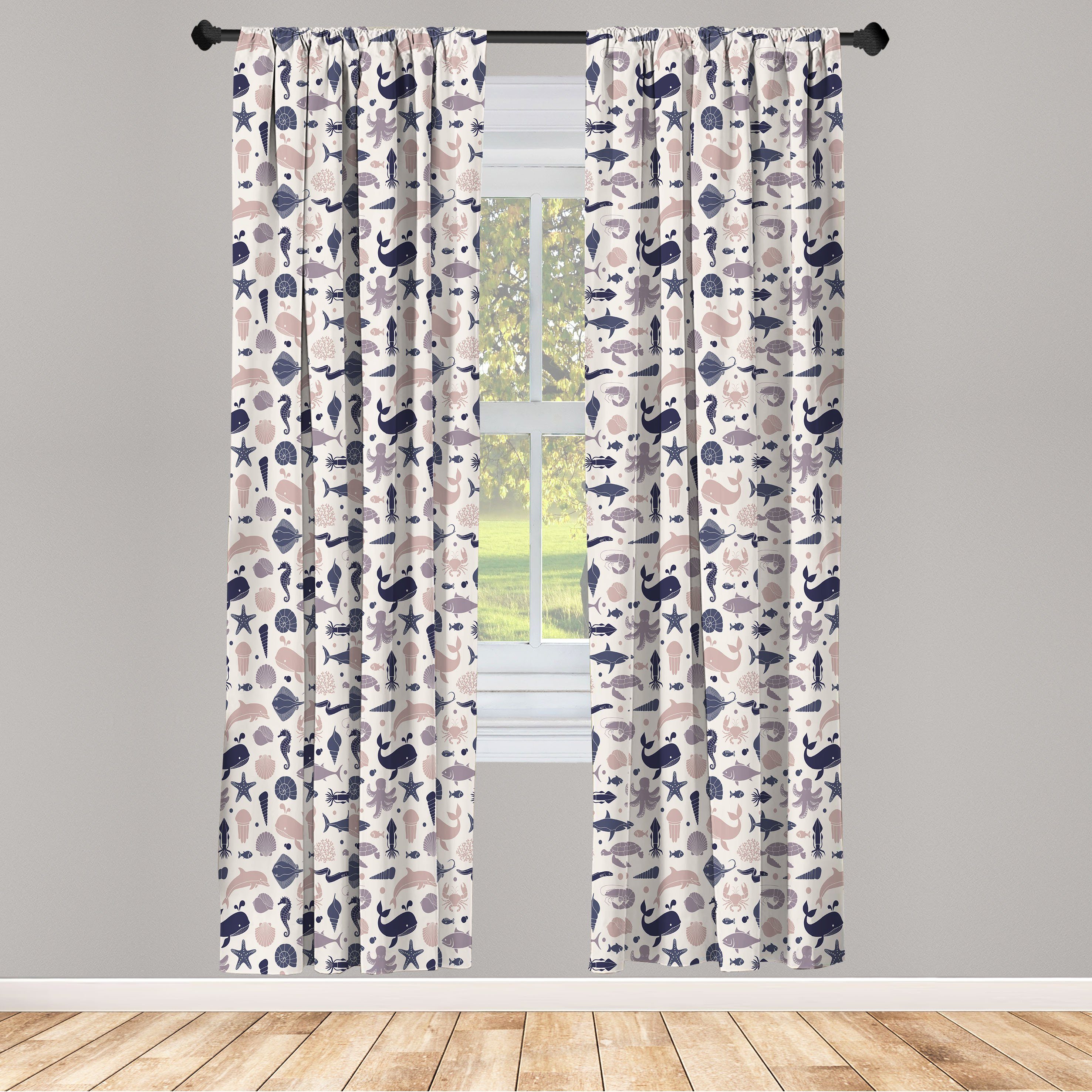 Gardine Vorhang für Wohnzimmer Schlafzimmer Dekor, Abakuhaus, Microfaser, Nautisch Vintage Sea Life Pattern | Fertiggardinen