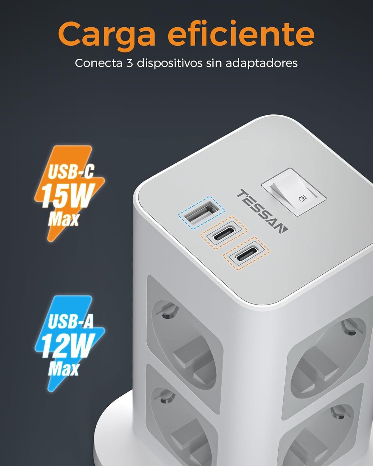 TESSAN Steckdosenleiste Steckerleiste Mehrfachsteckdose Strom 8 Fach 2M 3 USB Mehrfachsteckdose