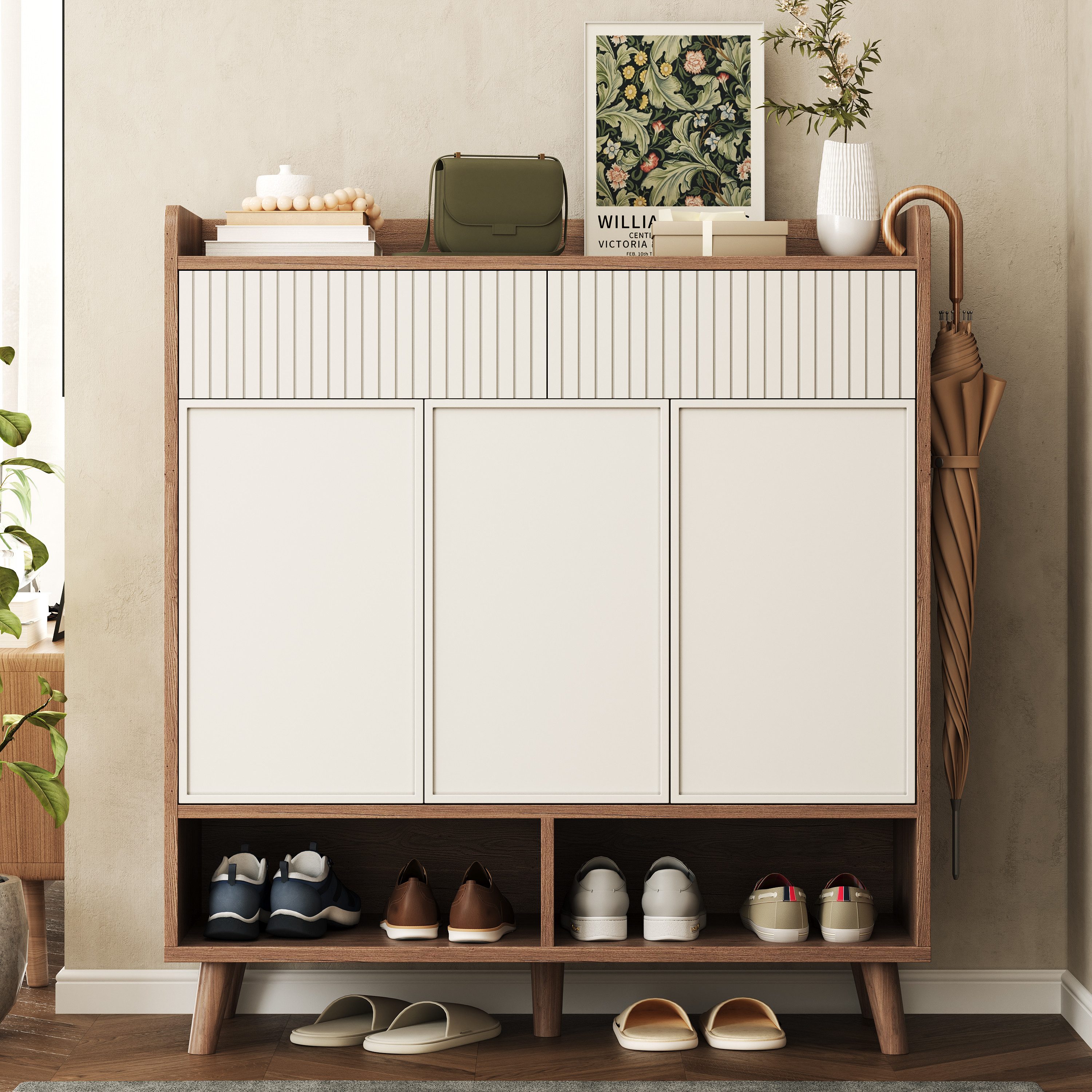 Merax Schuhschrank Sideboard mit 3 Türen, 2 Schubladen und Holzbeinen (1-St., Schuhkommode in Holz-Optik) Kommode ideal für Diele & Flur