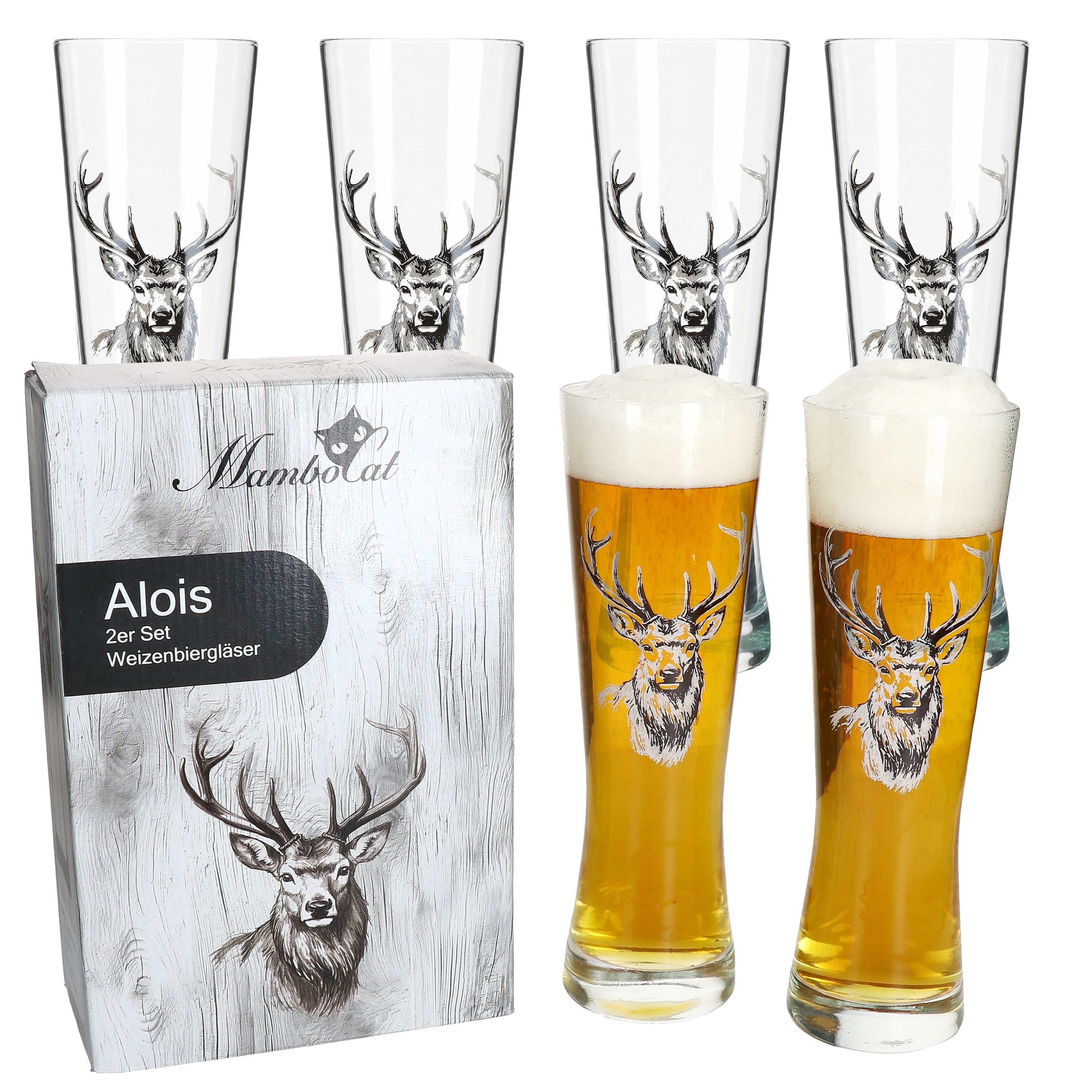 MamboCat Bierglas Alois 6er Set Weizenglas 0,5 L Hirschmotiv Geschenkverpackung, Glas