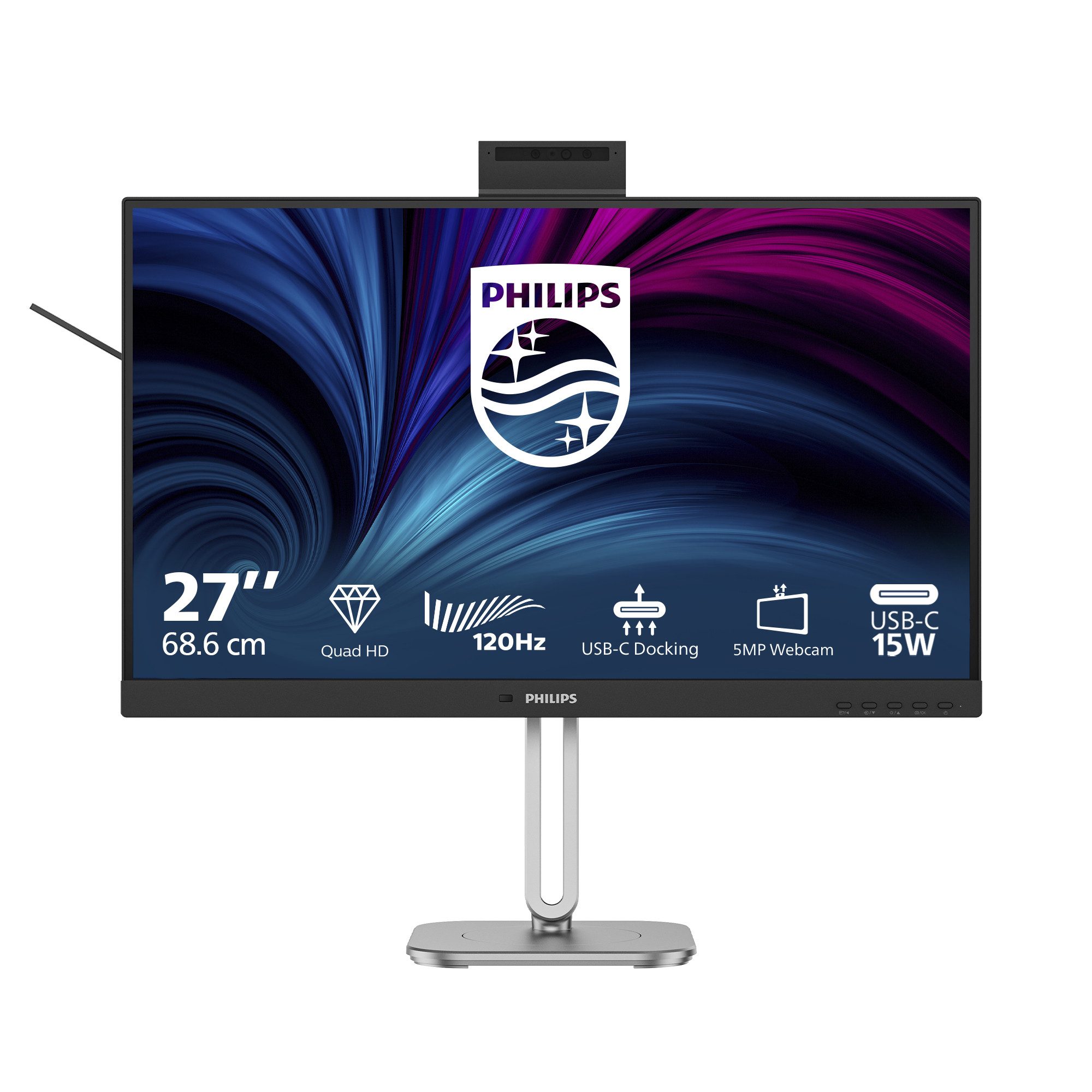 Philips TFT 27B2U4601H 68.5cm IPS 27/2560x1440/DP/HDMI/USB-C/Webcam TFT-Monitor (2560 x 1440 px, Quad HD, 4 ms Reaktionszeit, 120 Hz, IPS, Eingebautes Mikrofon, Kamera, Lautsprecher, HDCP, Höhenverstellbar)