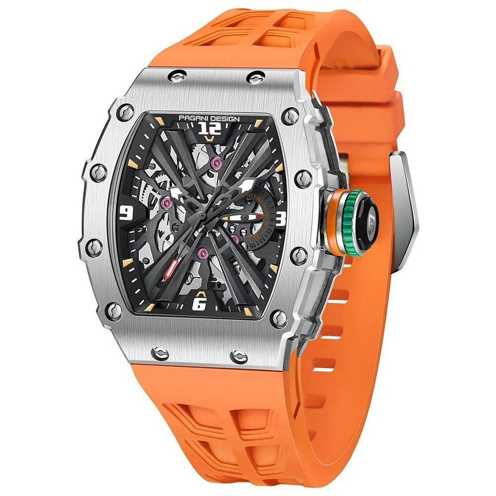 Pagani Design Mechanische Uhr Skeleton Herrenuhr Tonneau, Quarz HV65, Saphirglas Rubber 42x51mm