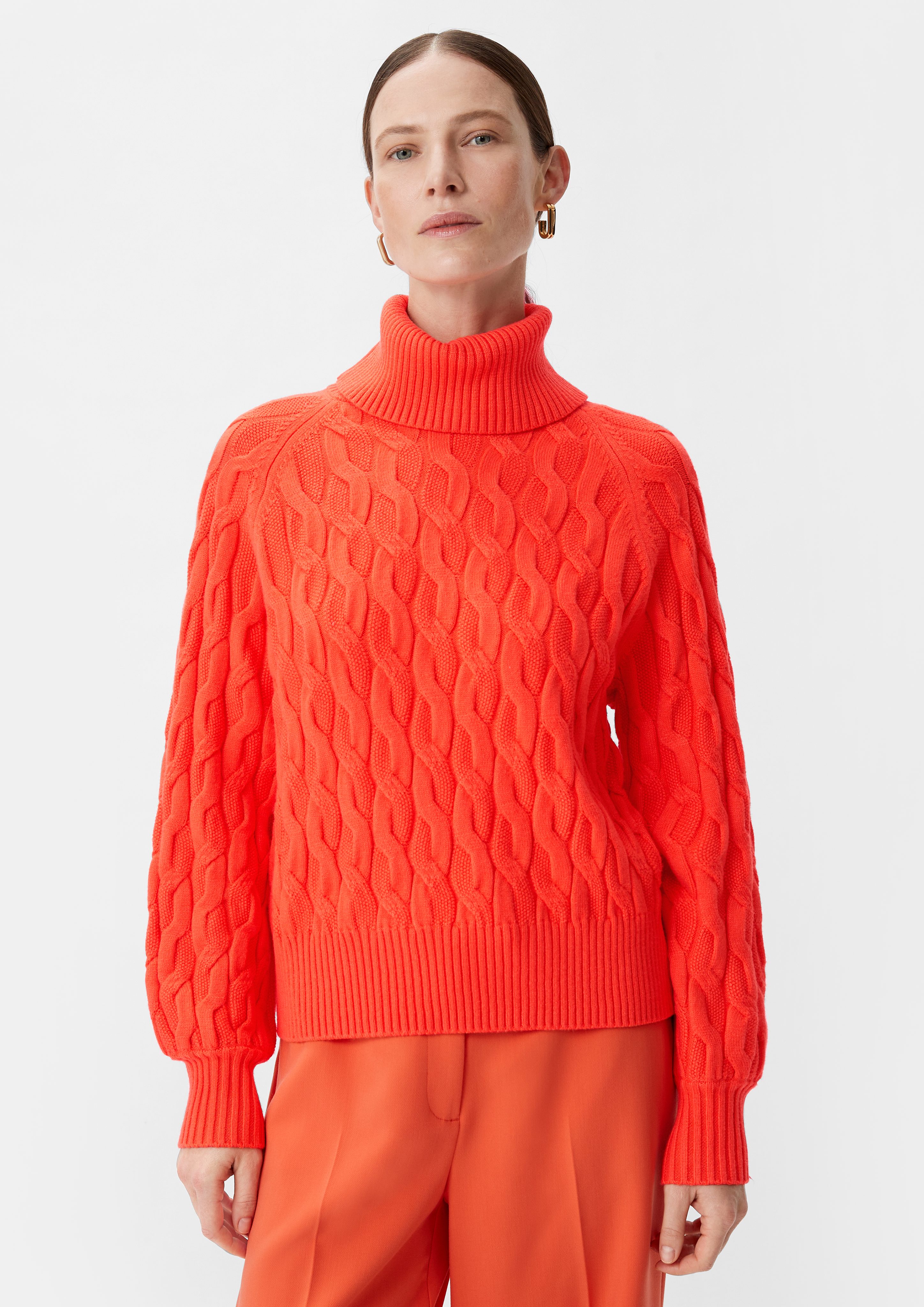 Comma Langarmshirt Pullover mit orange Strickmuster