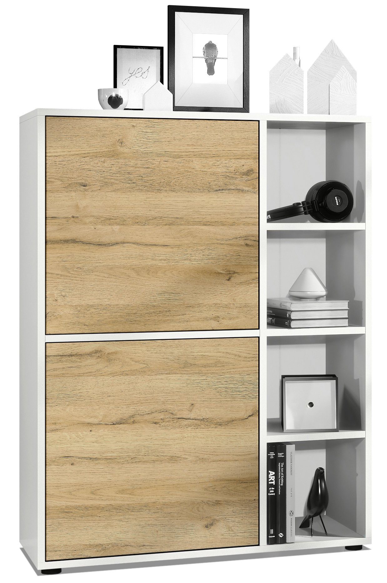 Vladon Highboard Cuba (Anrichte, mit 2 Türen und 4 offene Fächer), Weiß matt/Eiche Natur (79 x 105,5 x 35,5 cm)