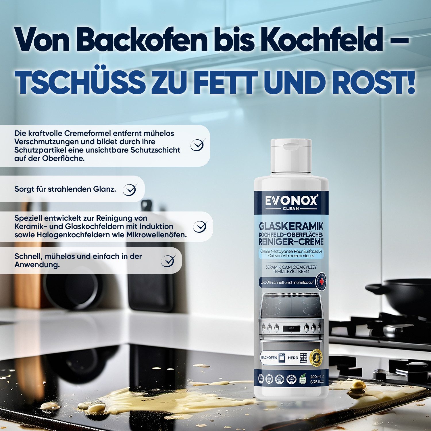 EVONOX Reinigungscreme–Kraftvoll und wirksam für Keramik und Glaskochfelder Backofenreiniger (Schneller Fettlöser und strahlender Glanz für Herde und Backöfen)