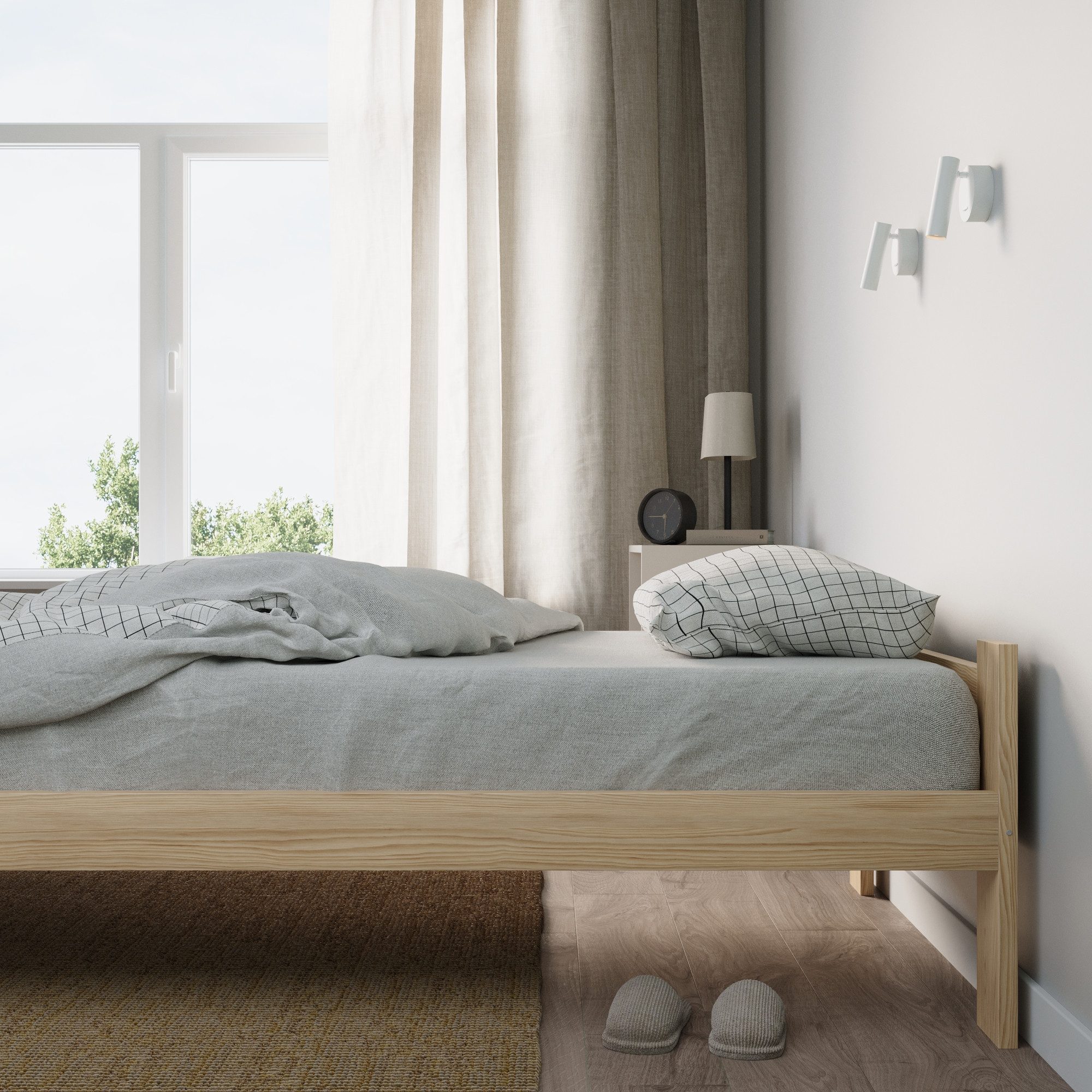 Home Collective Holzbett mit Lattenrost Modern Bett Kiefer Bettgestell Massivholzbett Klassisch (90x200, 120x200, 140x200, 160x200 cm), Einzelbett, Skandi Boho Landhaus Kopfteil flach 100x200 cm natur