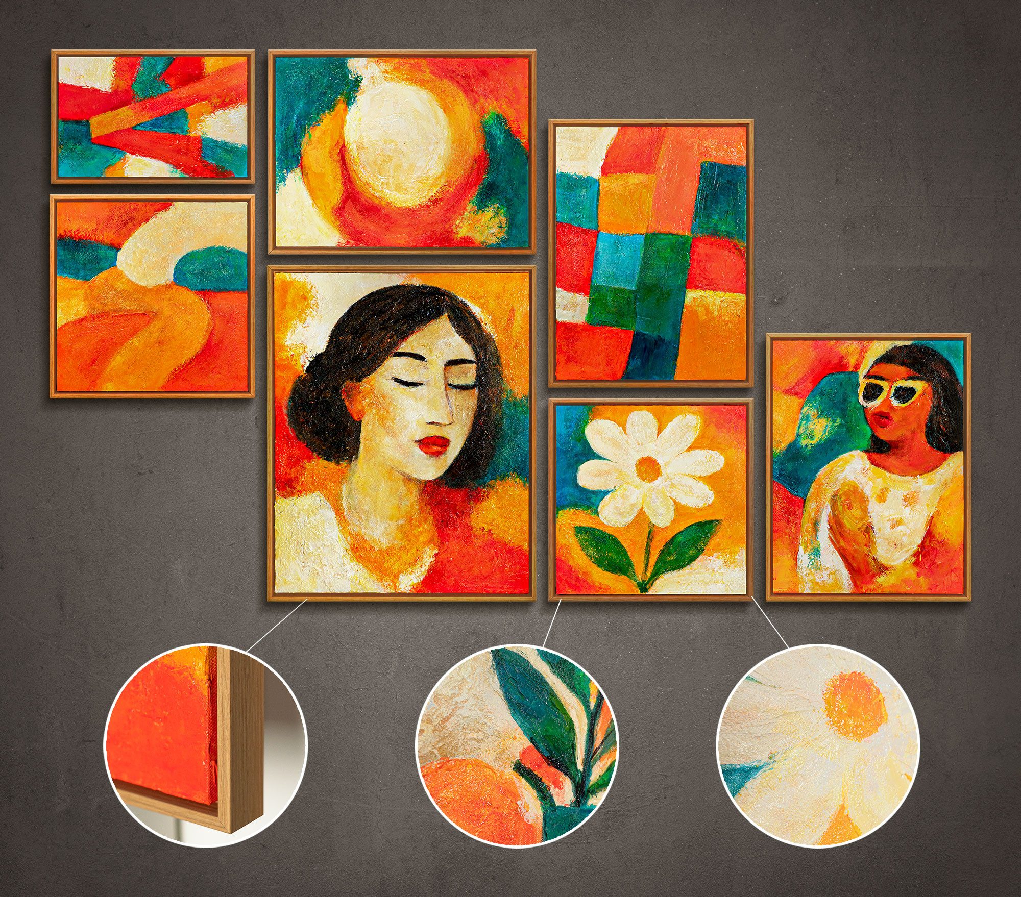 YS-Art Gemälde "Sonnige Träume", Porträt (Set, 7 St), Wandbilder Set Modern Bunt – Leinwandbilder Kunst mit Porträt & Blumen