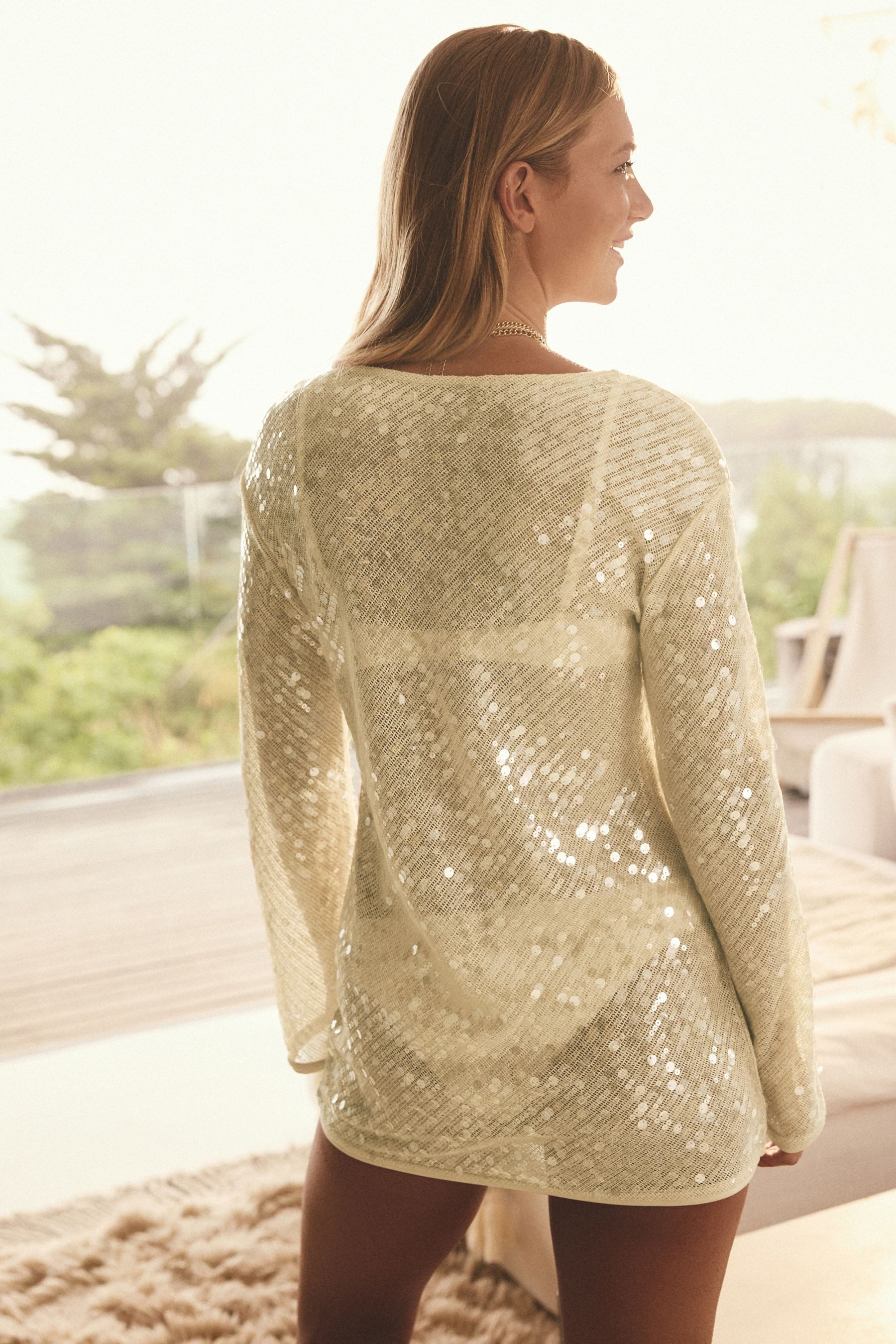 Next Paillettenshirt Langärmeliges, transparentes Pailletten-Oberteil (1-tl günstig online kaufen