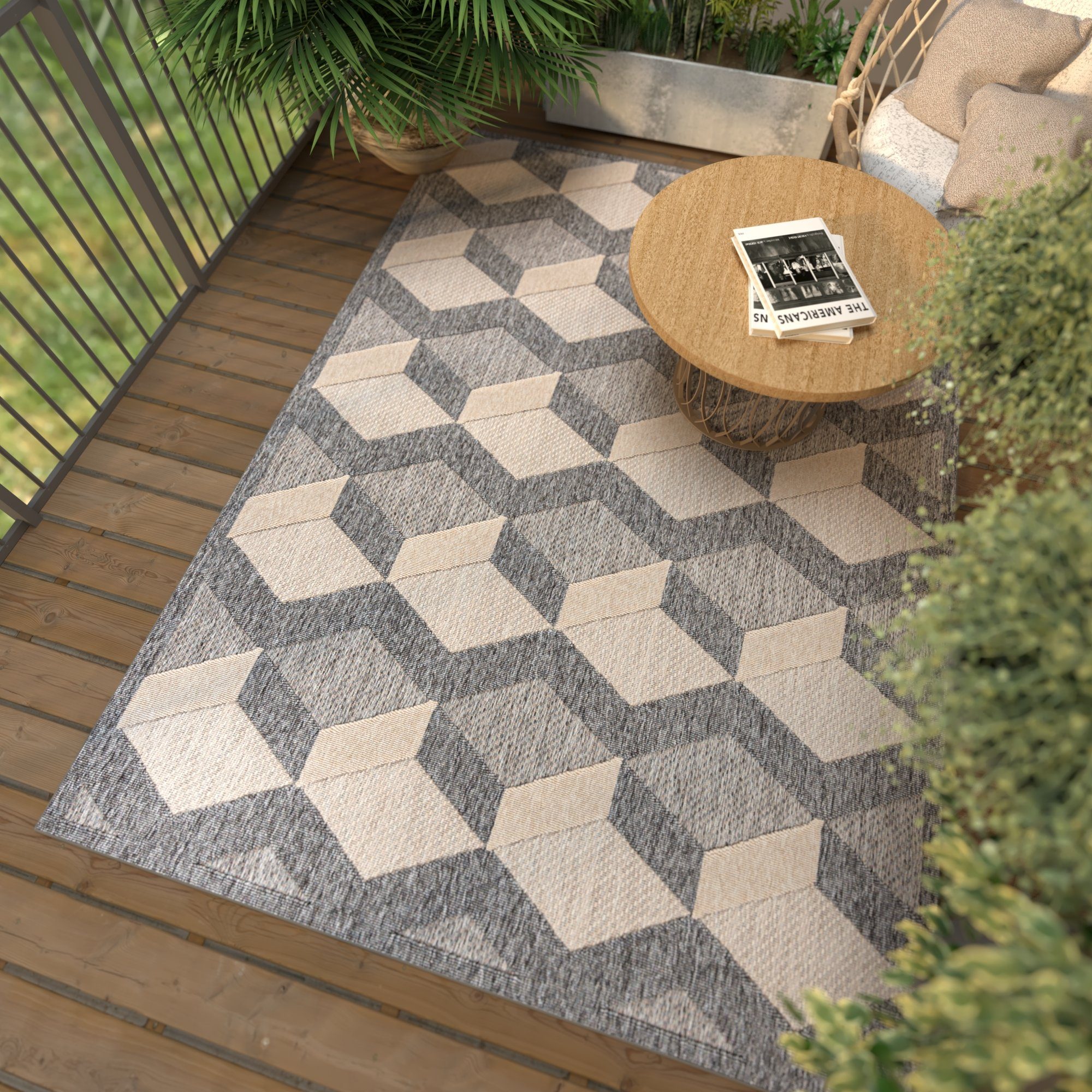 Mazovia Designteppich In- & Outdoor Teppich Wetterfest & UV-beständig Balkon - Grau Beige, 60 x 100 cm, Höhe 6 mm, Kurzflor, Weich, Pflegeleicht, Flachgewebe