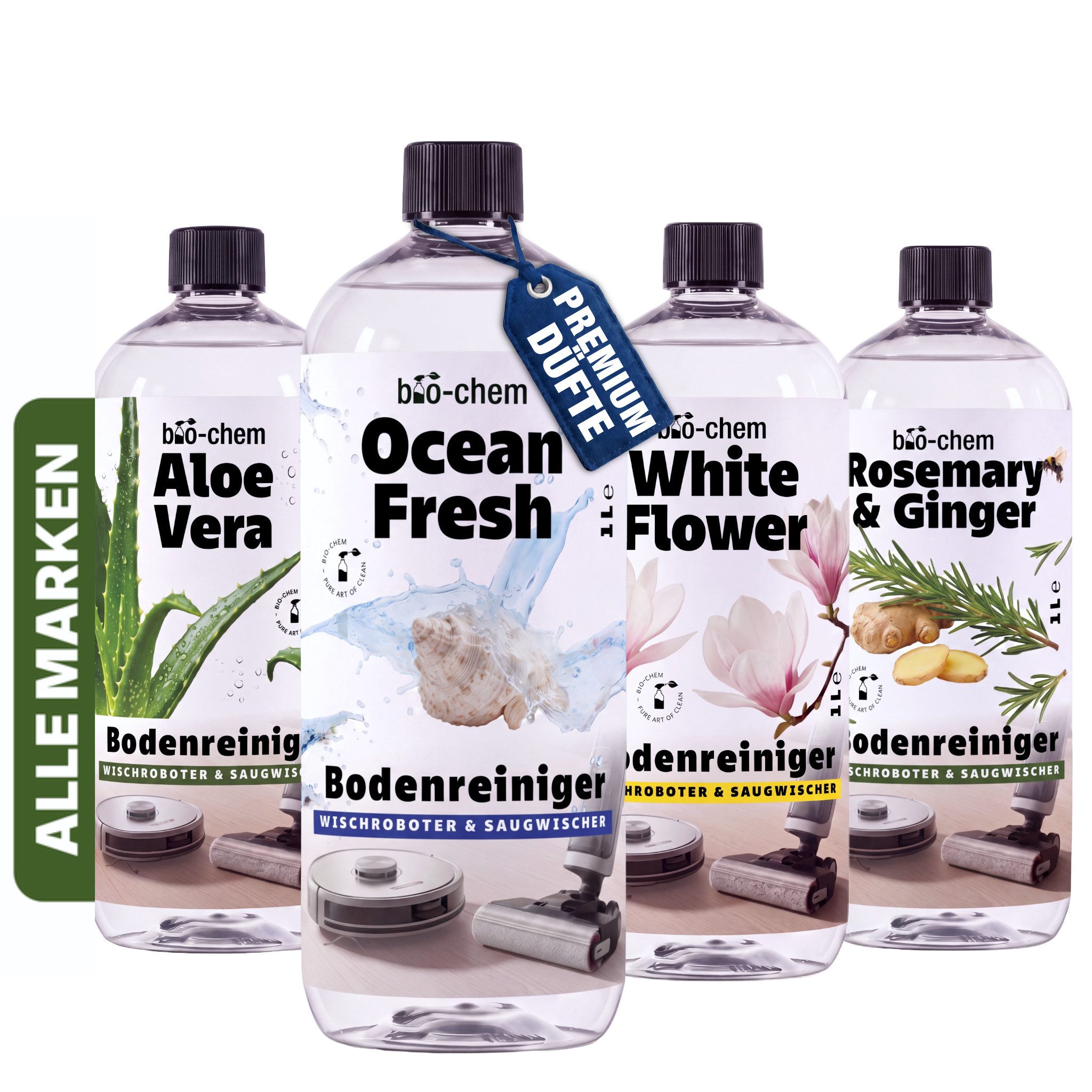 bio-chem Wischroboter Reinigungsmittel Saugwischer 4 x 1 L Set, 4 Düfte Fussbodenreiniger (Duft-Bundle, [- Bodenreiniger Zusatz SET 4-teilig 4 Premiumdüfte: maritim, würzig, blumig & belebend frisch)