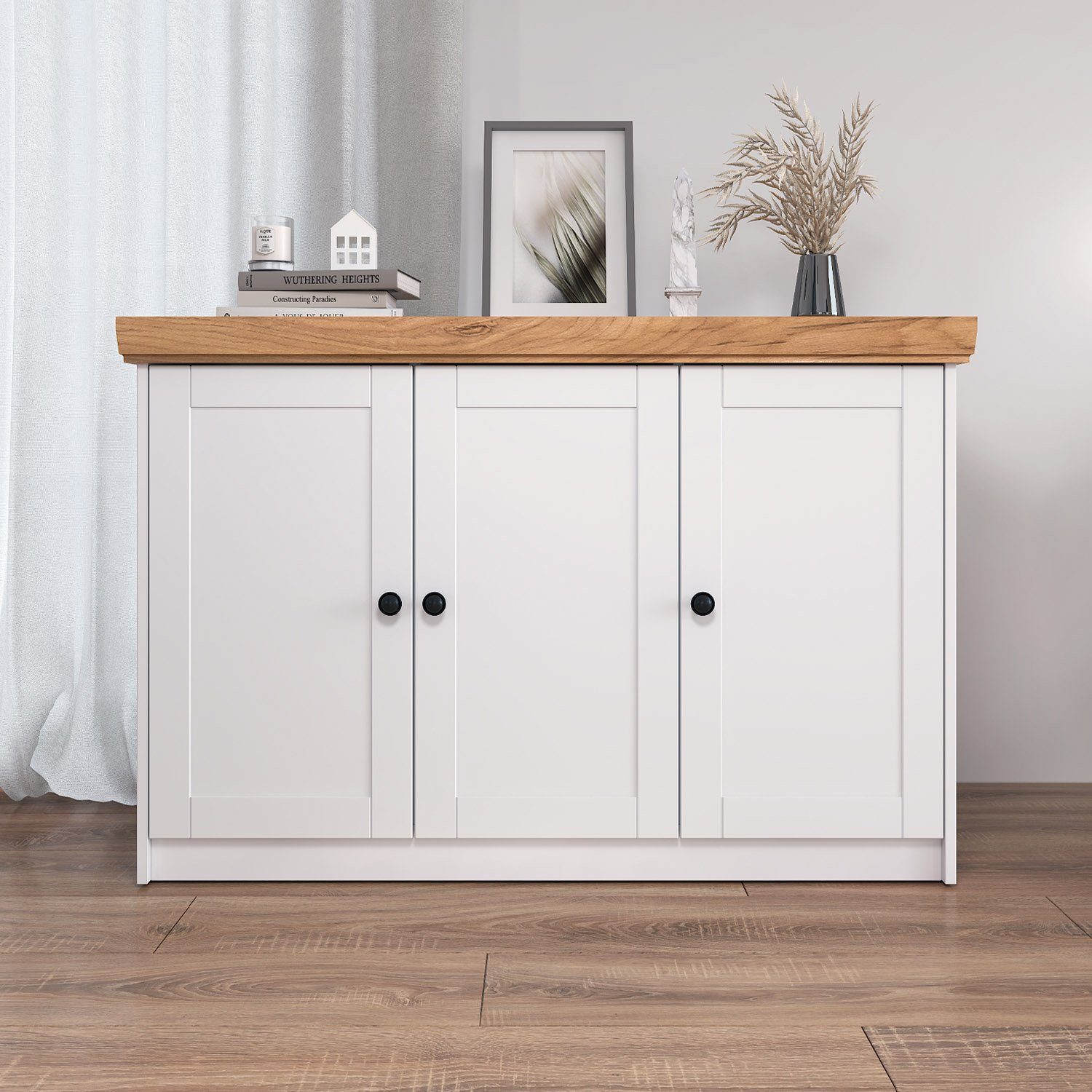 Homestyle4u Kommode 135x82x42 Sideboard Weiß Eiche Anrichte Schrank Landhausstil