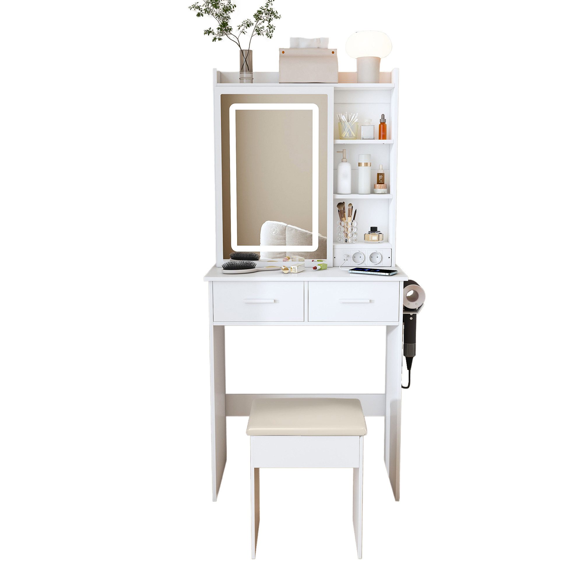 STILVORA Schminktisch mit Spiegel und Hocker Kosmetiktisch mit verstecktem Stauraum Weiß (Eck-Schminktisch mit Schminktisch, Nachttisch und Stuhl, mit transparenten Glasplatte), Einfache Montage