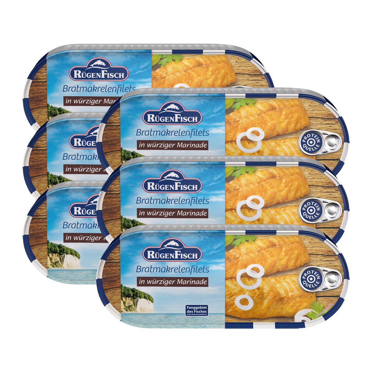 Rügen Fisch Fischkonserve, Rügen Fisch Bratmakrelenfilets in würziger Marinade 500g 6er Pack
