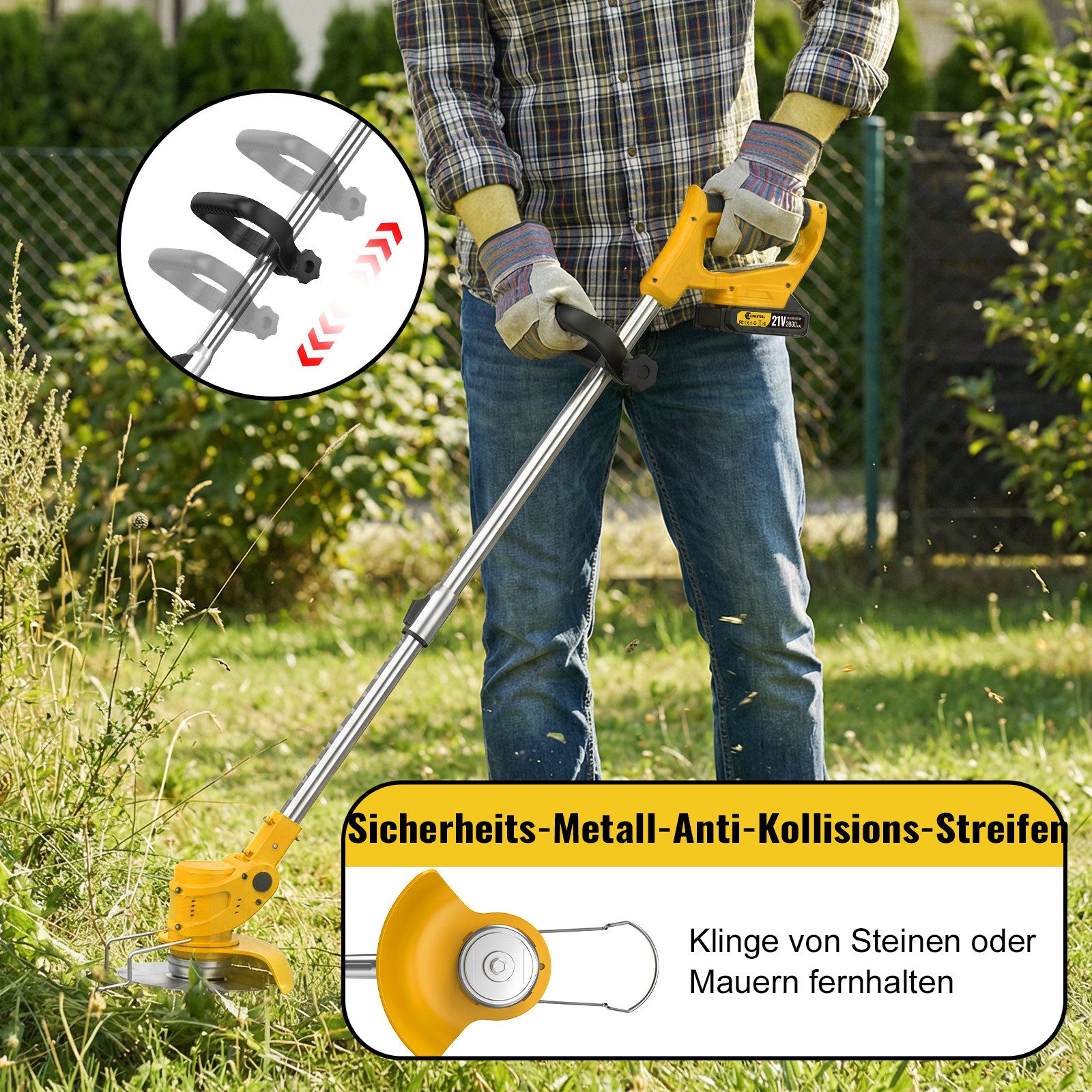 CONENTOOL Akku-Rasentrimmer 2x 2000mAh Akkus 21V, Rädern, 15 cm Arbeitsbreite Messer, (mit Akku und Ladegeät), 4 Arten Klingen, Teleskop-Stiel