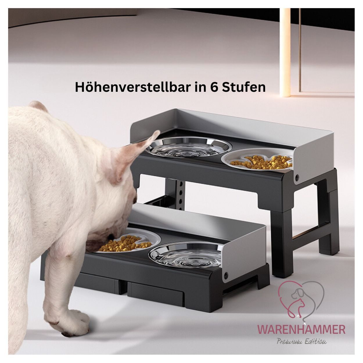 Warenhammer Futternapf Hundenapf höhenverstellbar erhöht 3 in 1 Napf-Set Premium Qualität, Edelstahl, Set mit 3 Näpfen, Gummifüße, neigbar, rutschfest