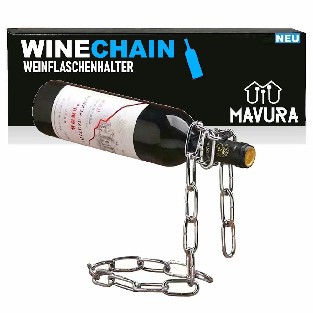 MAVURA Weinflaschenhalter WINECHAIN Flaschenhalter Weinständer Flaschenständer Kette Metall, für Wein Design Silber - Illusion einer schwebenden Flasche