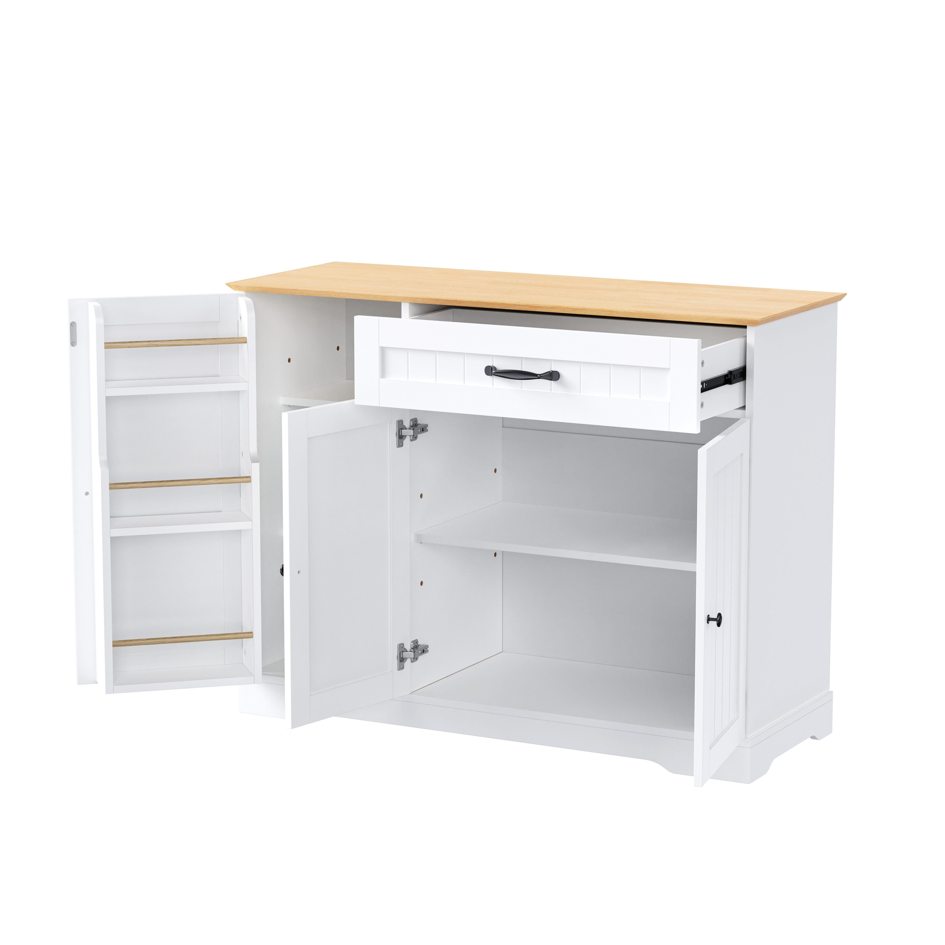 BlingBin Sideboard Küchenschrank mit Türen und Schublade, Buffetschrank, 115 × 40 × 87 cm (1er Set, 1 St., Abmessungen: 107 x 40 x 84 cm, Gewichtskapazität: 40kg), Buffetschrank für Esszimmer, Wohnzimmer und Diele, Weiß & Natur