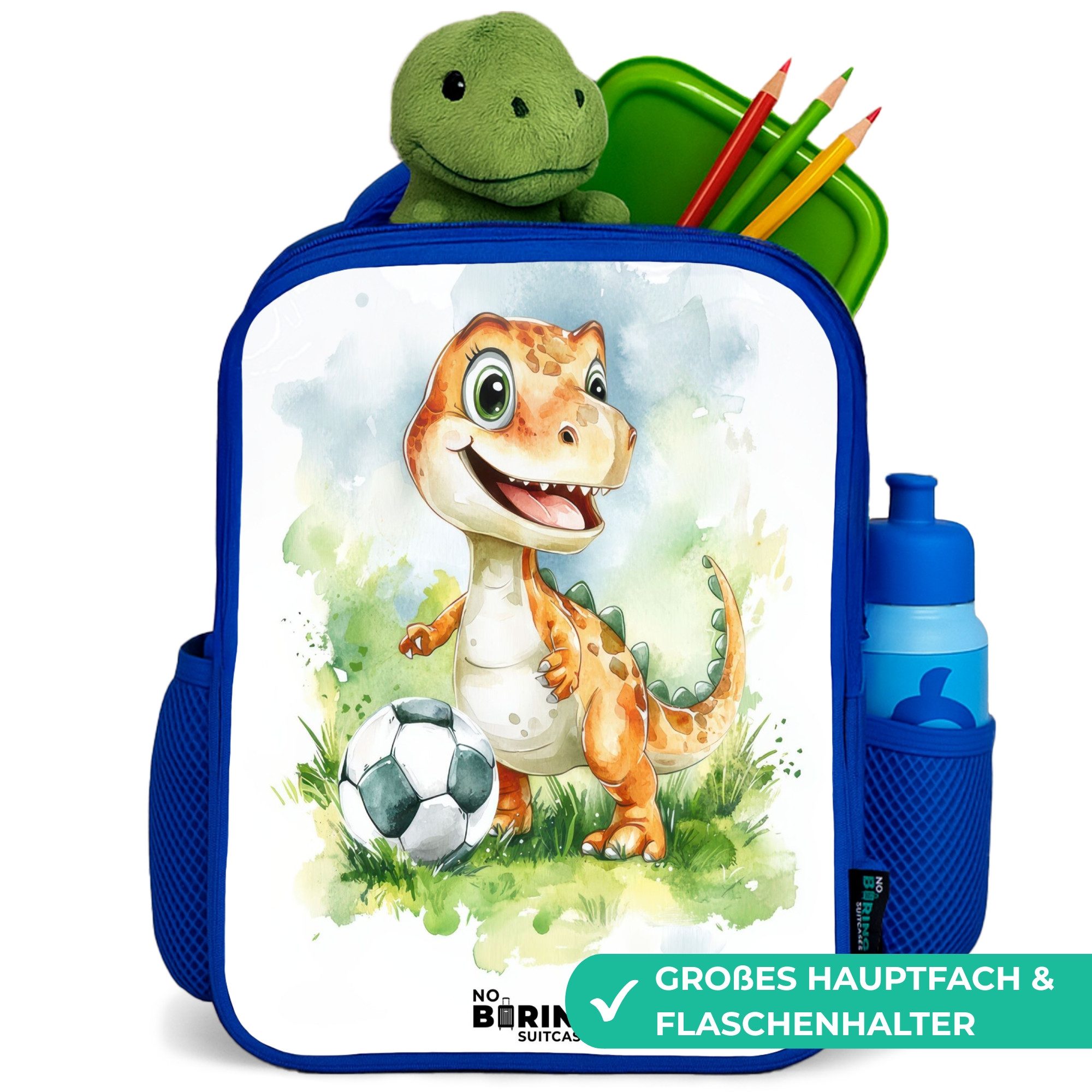 NoBoringSuitcases.com© Rucksack Blau - Dino mit Fußball im bunten Feld, Kinderrucksack, Schulrucksack, Freizeitrucksack, Jungen, Kindergarten