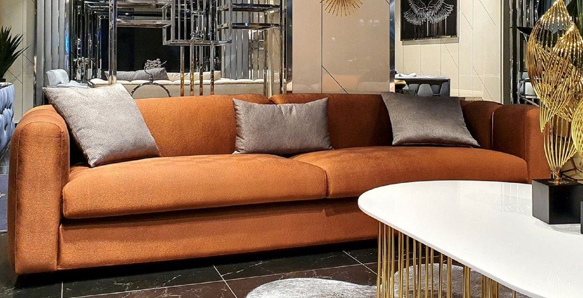 Casa Padrino Sofa Luxus Sofa Orange / Gold 240 x 95 x H. 85 cm - Wohnzimmer Sofa - Hotel Sofa - Luxus Möbel