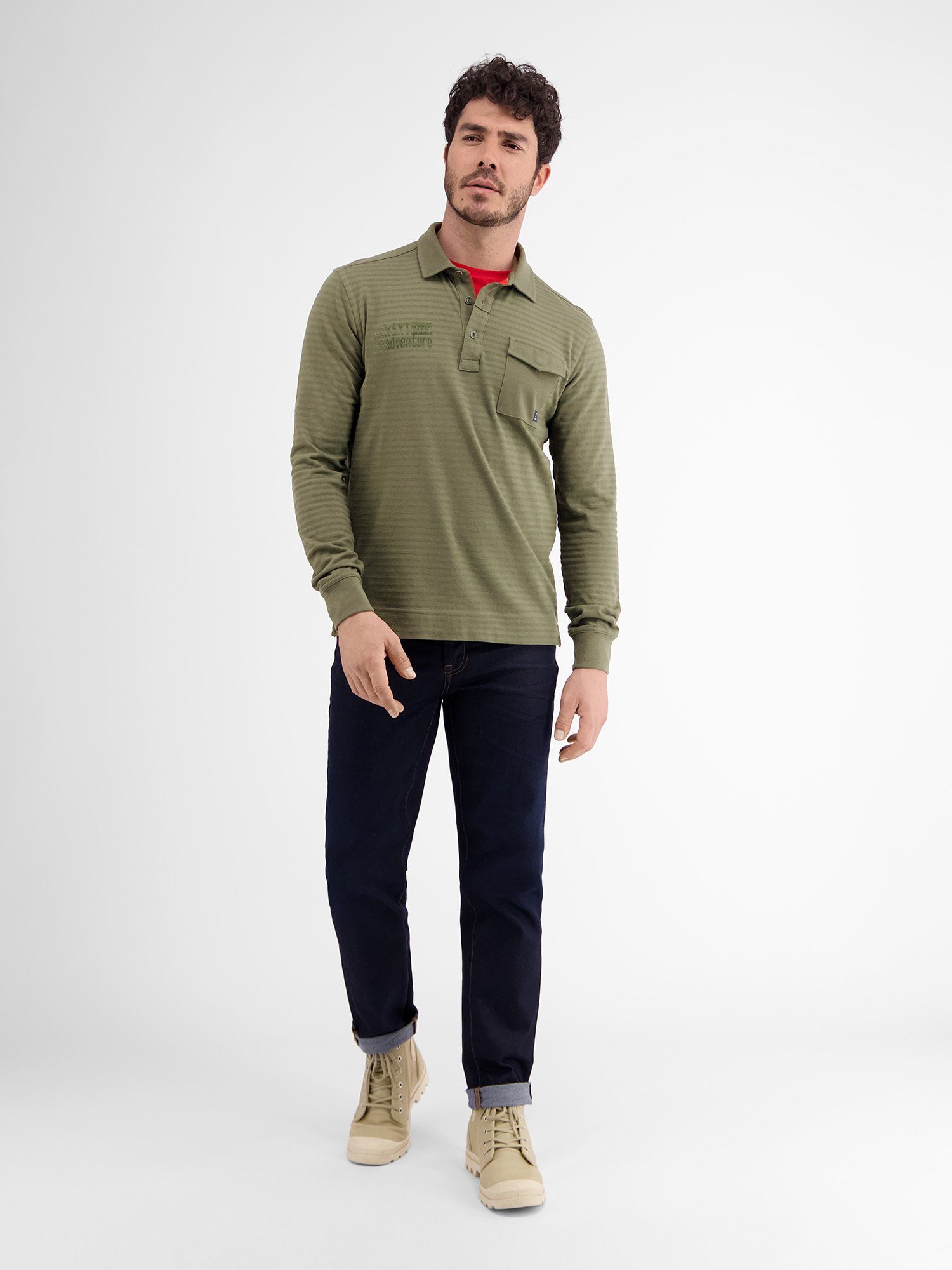 gestreift AGED LERROS Longsleeve-Polo, LERROS OLIVE Langarm-Poloshirt