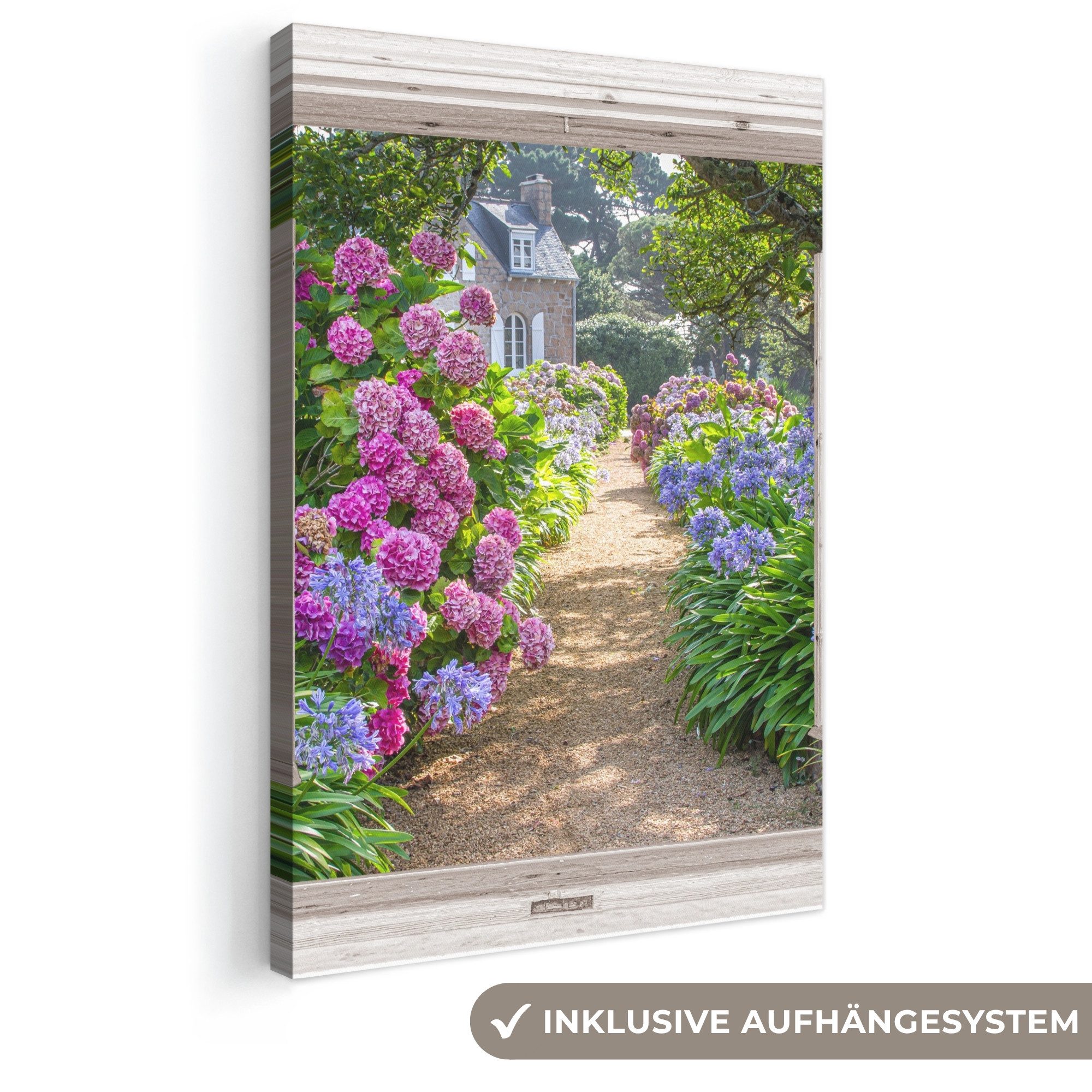 OneMillionCanvasses® Leinwandbild Hortensie - Fensterblick - Fenster - Blumen - Sommer - Lila - Weg, Fotodruck (1 St), Leinwand Canvas Wandbild, Wanddekoration 20x30 cm