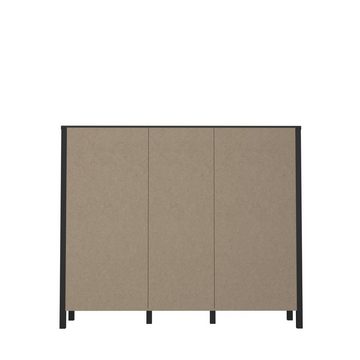 möbelando Barschrank Hialeah Barschrank im Industrial-Design aus Spanplatte in Riviera Eiche Nachbildung, Gestell in Schwarz mit 3 Holztüren, 4 Einlegeböden, 6 Flaschenfächern und 5 offenen Fächern. Breite 139,4 cm, Höhe 117,1 cm, Tiefe 40,2 cm