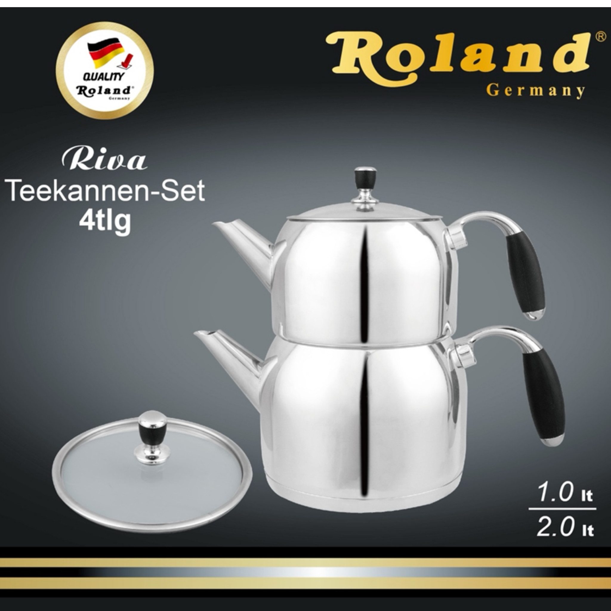 gowoll Caydanlik-Teekanne Teekanne Roland Metal Teekannen Set Kleine Größe Turkische Teekocher, 3 l, (1,0 Liter Teekanne & 2,0 Liter Wasserbehälter, Hochwertiger Edelstahl), Silikongriffe ohne Erwärmung
