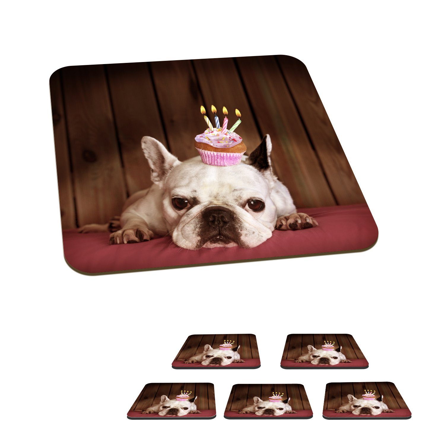 Tasse Tischuntersetzer, Kerzen, Bulldogge Zubehör Cupcake MuchoWow - Glasuntersetzer Korkuntersetzer, - Glasuntersetzer, Untersetzer, für Gläser, Französische 6-tlg.,