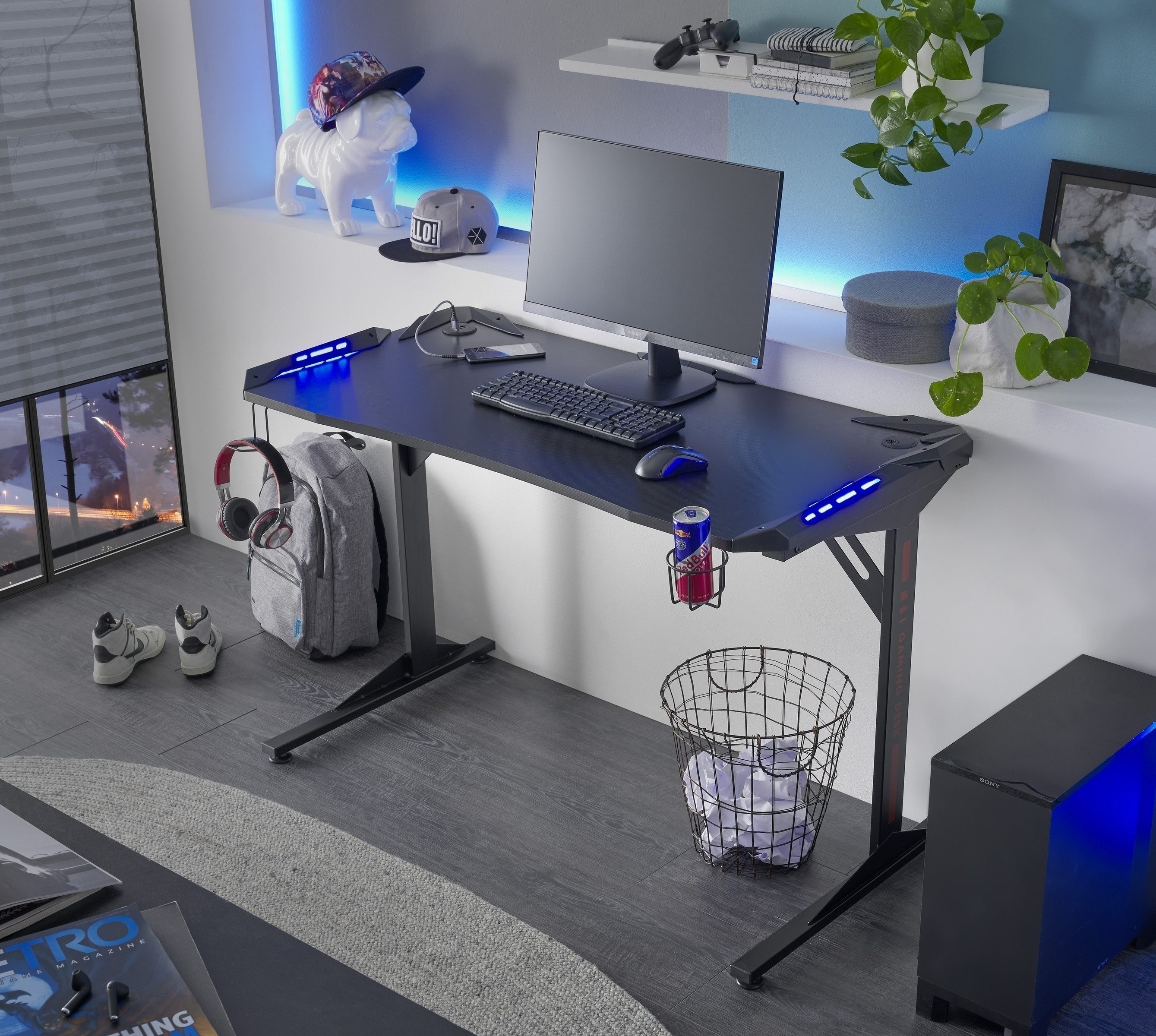 PREISBRECHER Gamingtisch BC 3110, LED-Wechselbeleuchtung, in Schwarz / Carbonoptik - 119x76x60cm (BxHxT)