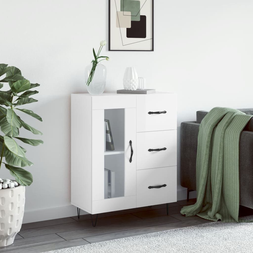 furnicato Sideboard Klassisches 69,5x34x90 cm Hochglanz-Weiß aus Holzwerkstoff (1 St), Anrichte mit drei Schubladen, Glastür und stabilen Metallfüßen