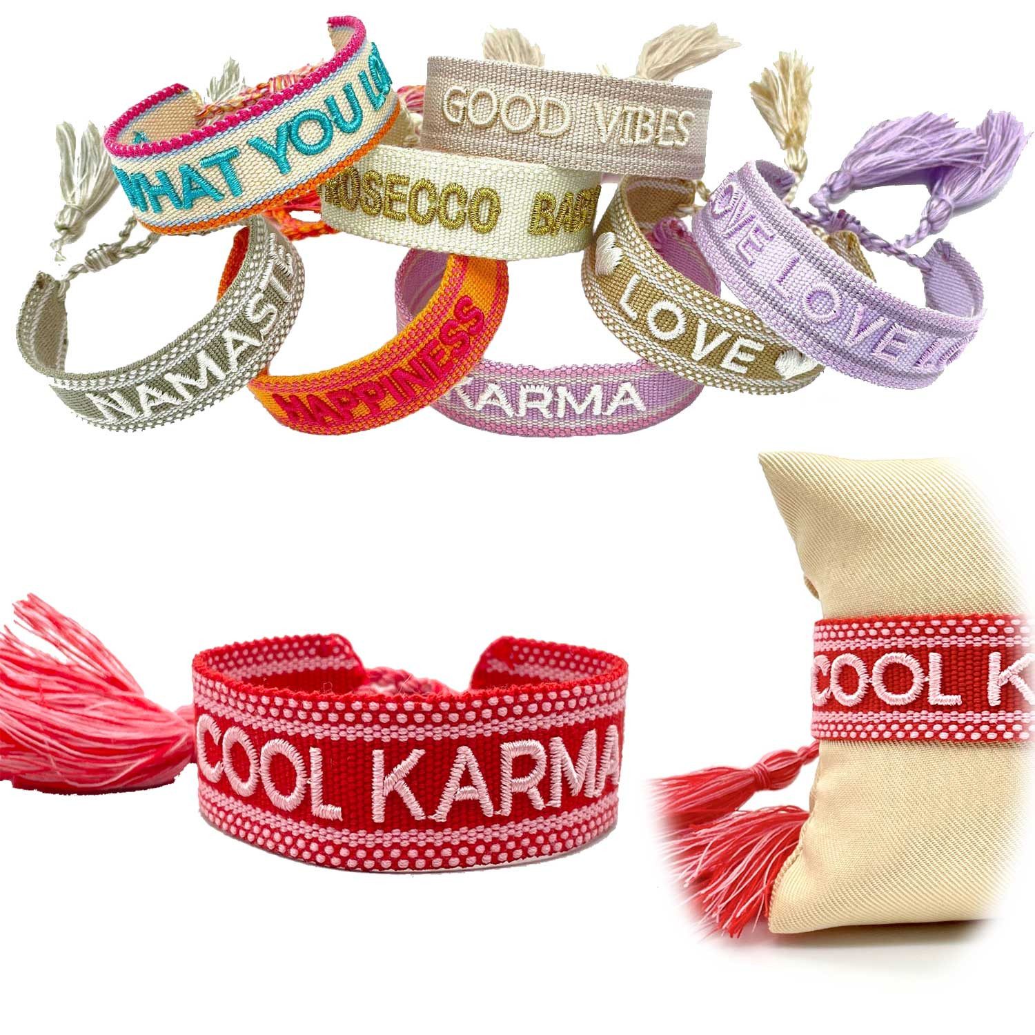 LS-LebenStil Armband Canvas Statement Armband Cool Karma Rot Quasten bestickt (Baumwollarmband Webarmband Armbandliebe Freundschaftsarmband Freundschaftsband Partnerarmband, 1-tlg., textil geflochten gewebt - hochwertiger gestickter Spruch), perfekt als S