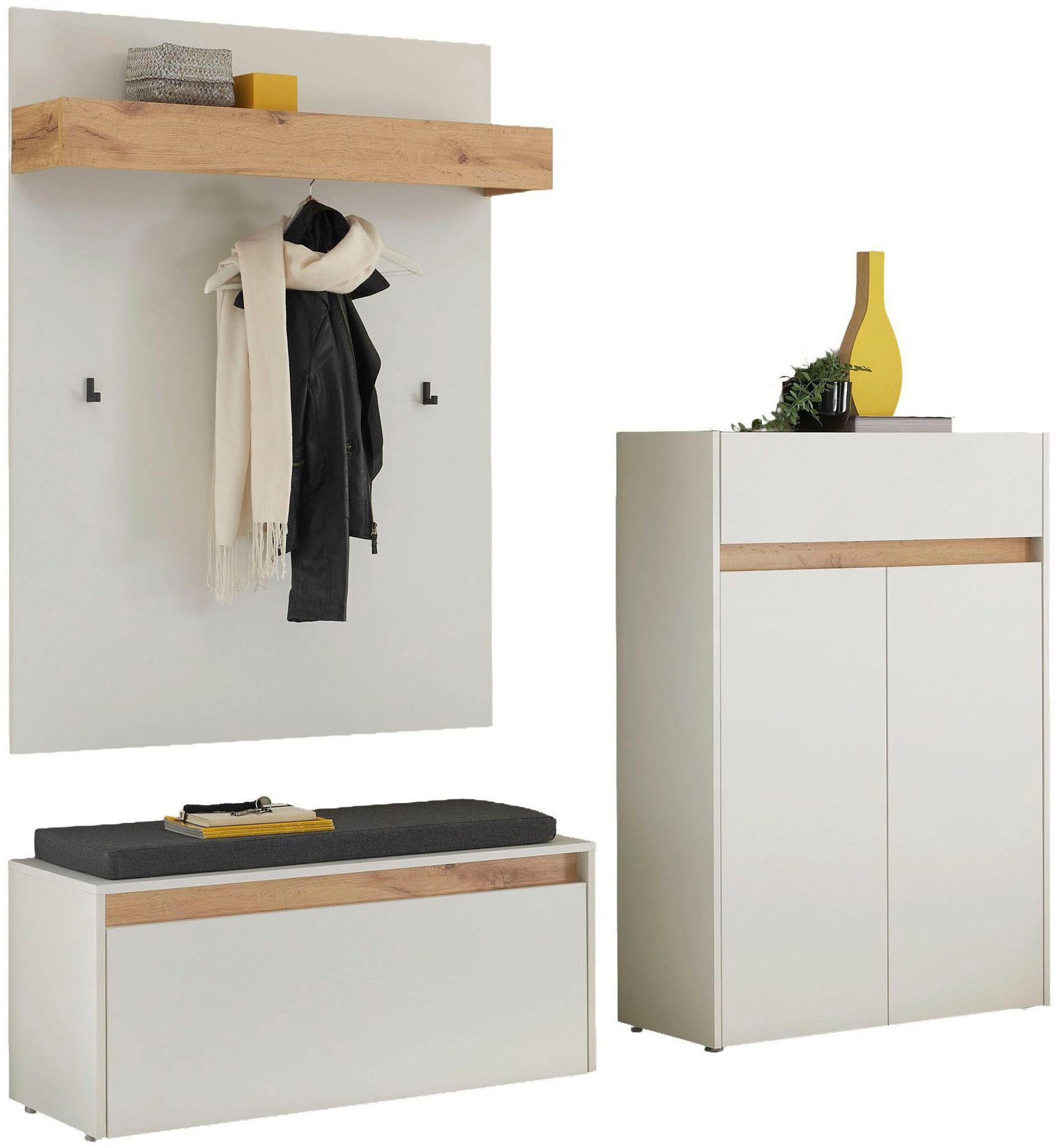Home affaire Garderoben-Set City/Giron, moderne Garderobe, viel Stauraum, ca. 24 Schuhe, (Set, 3-St), enthält Schuhschrank, Garderobenpaneel & Garderobenbank mit Sitzkissen