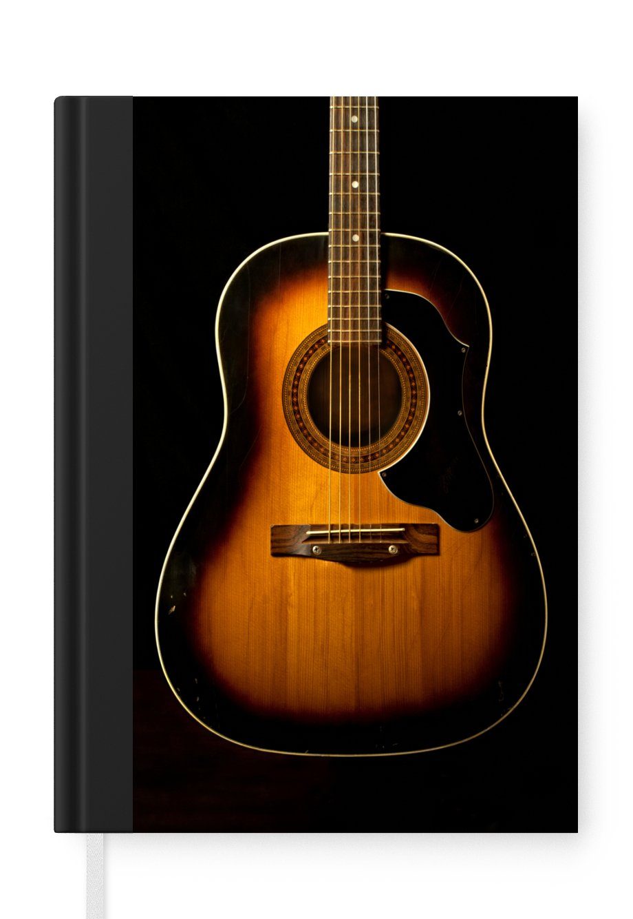 MuchoWow Notizbuch Akustische Gitarre auf schwarzem Hintergrund, Journal, Merkzettel, Tagebuch, Notizheft, A5, 98 Seiten, Haushaltsbuch