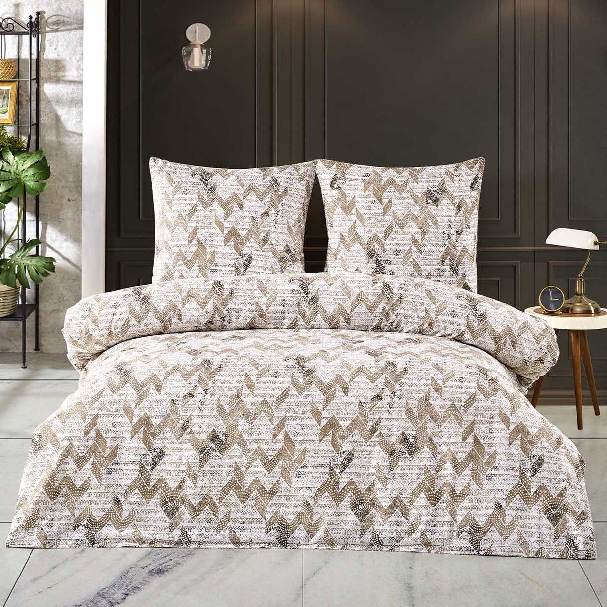 Buymax Bettwäsche Berta, Renforce: 100% Baumwolle, 3 teilig, 200x200 cm Kissenbezug 80x80cm mit Reißverschluss Zickzack Beige Braun