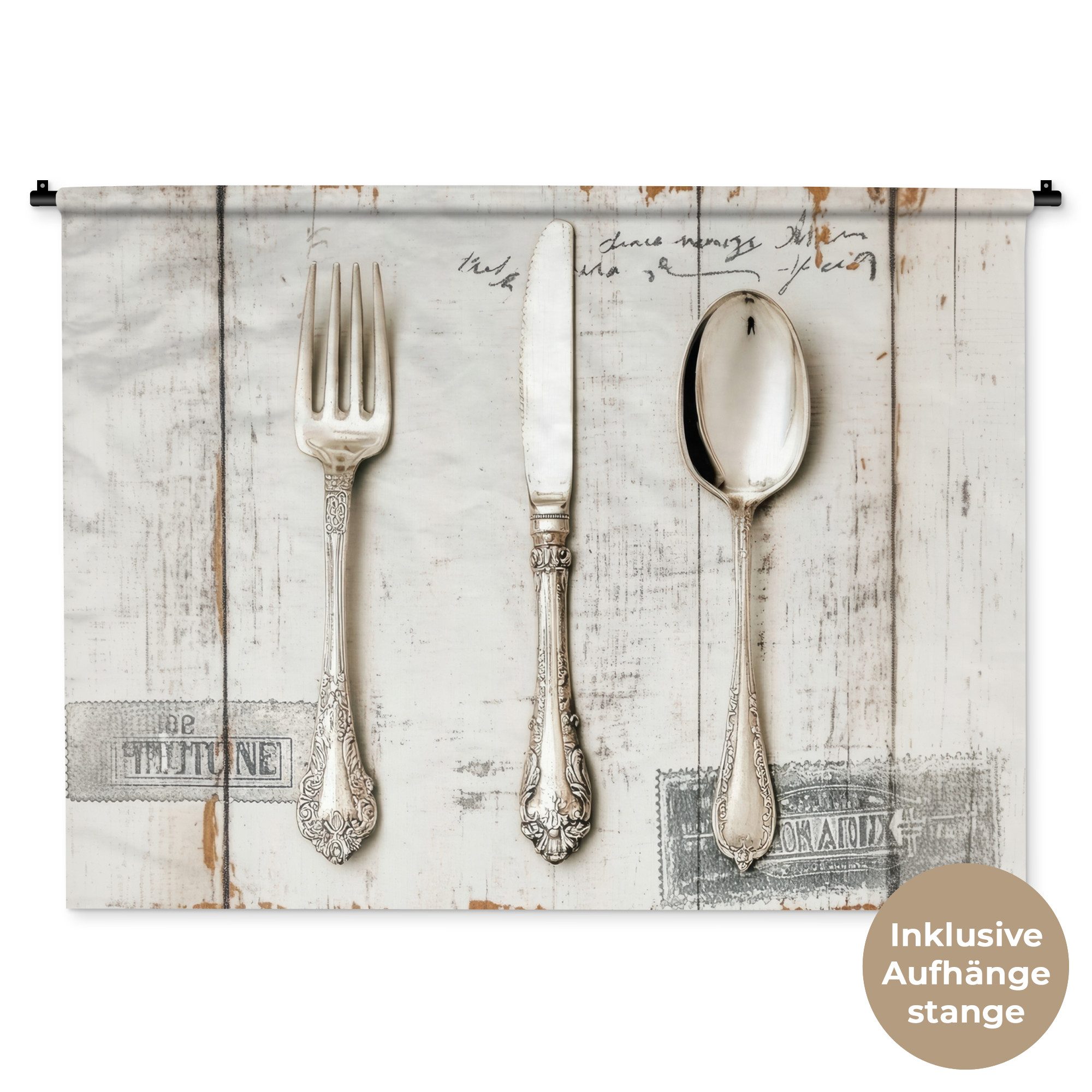 MuchoWow Wandteppich Silber - Besteck - Holz, Rechteckig, Höhe: 3 mm, Wanddeko Teppich Wohnzimmer, Schlafzimmer, 120x90 cm