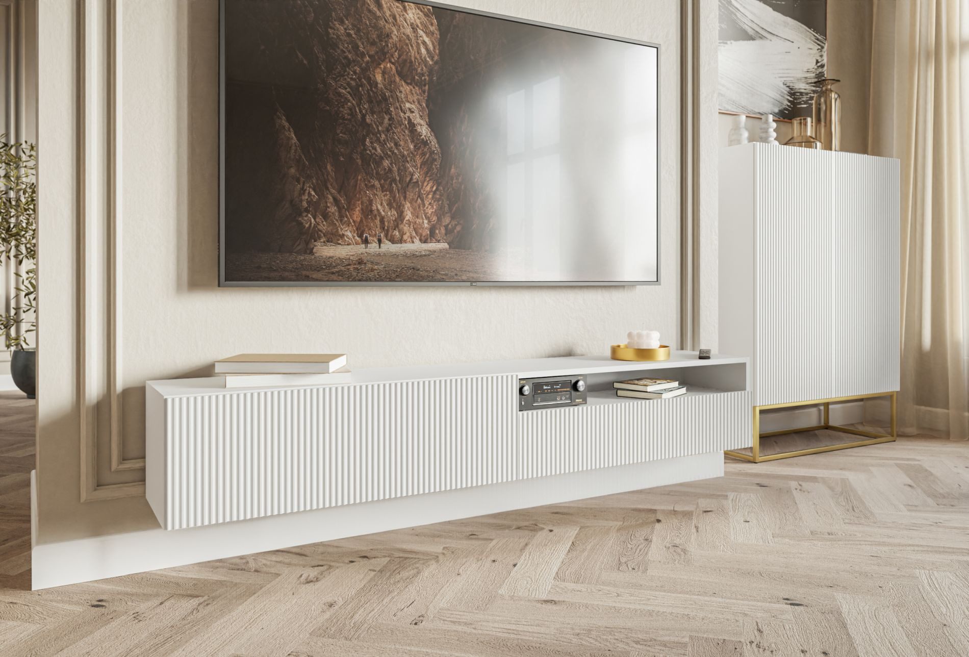 Selsey TV-Schrank VELDIO TV-Hängeboard Veldio 175 cm – Lowboard mit Riffel-Optik & offenem Fach