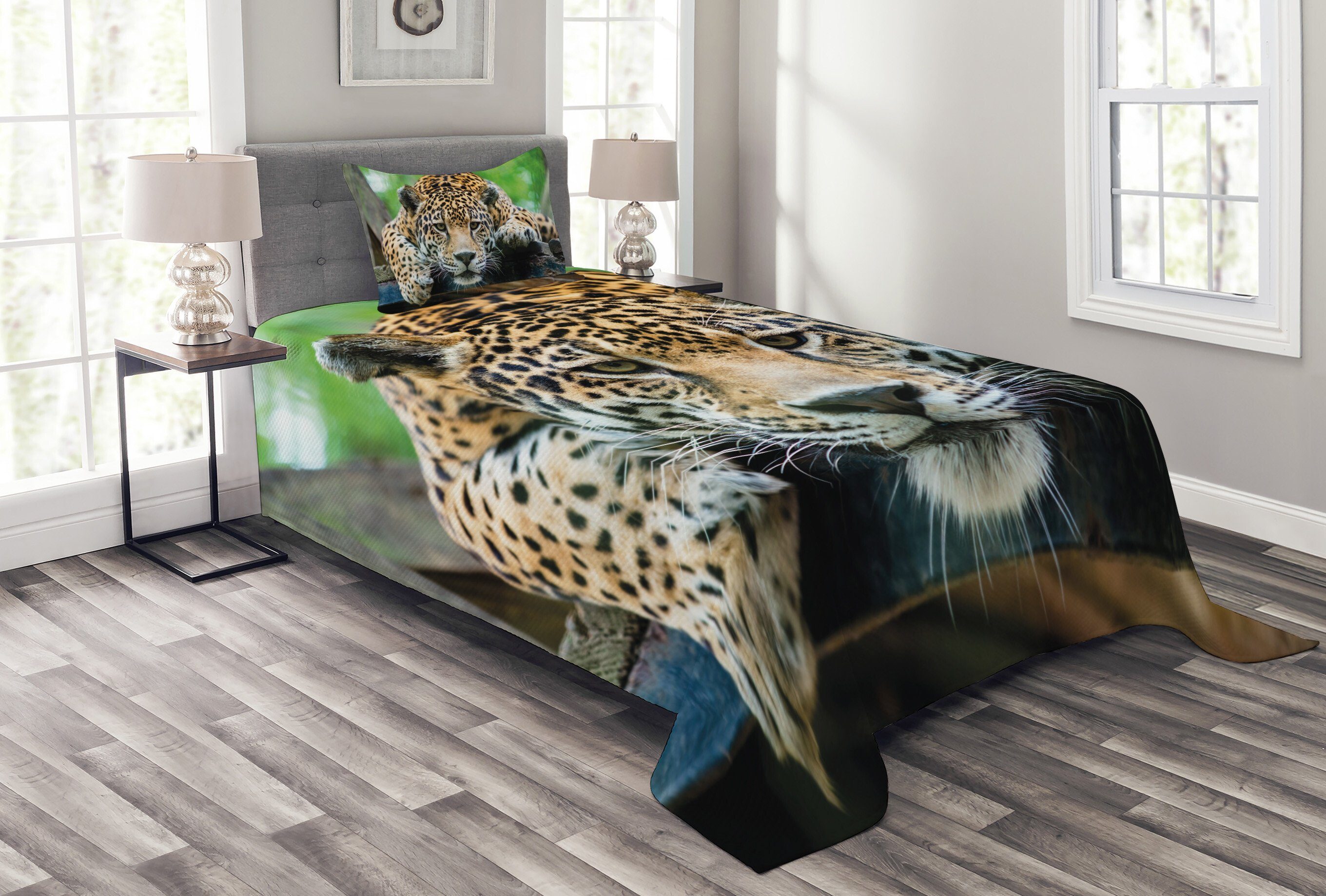 Jaguar Tagesdecke Waschbar, Set Feline Jaguar Abakuhaus, mit Kissenbezügen Wildcat