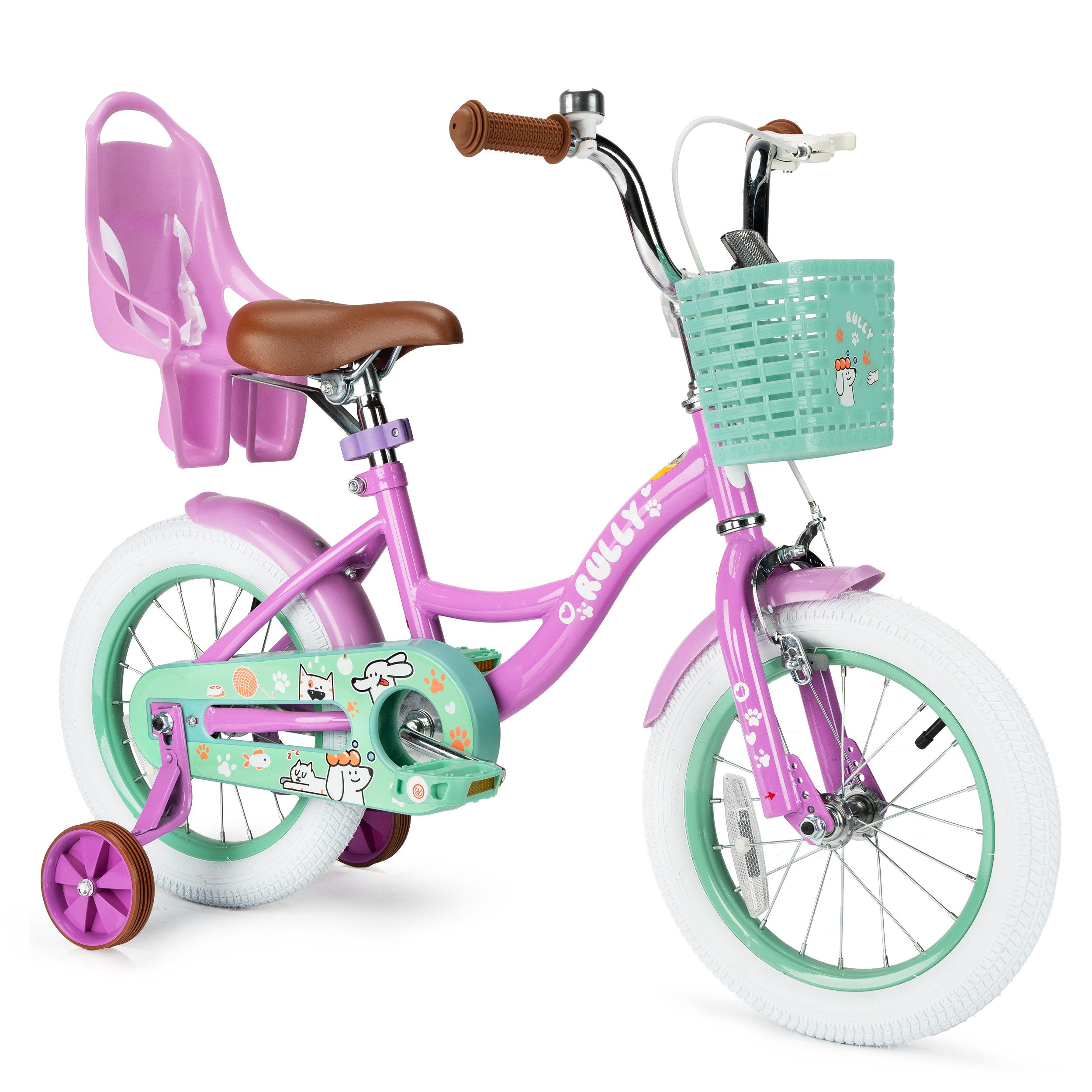 RULLY Kinderfahrrad Kinderfahrrad Mädchen 12/14/16 Zoll für 2–7 Jahre, 1 Gang, Mit Korb, Puppensitz, Stützrädern, Schutzblech & Klingel