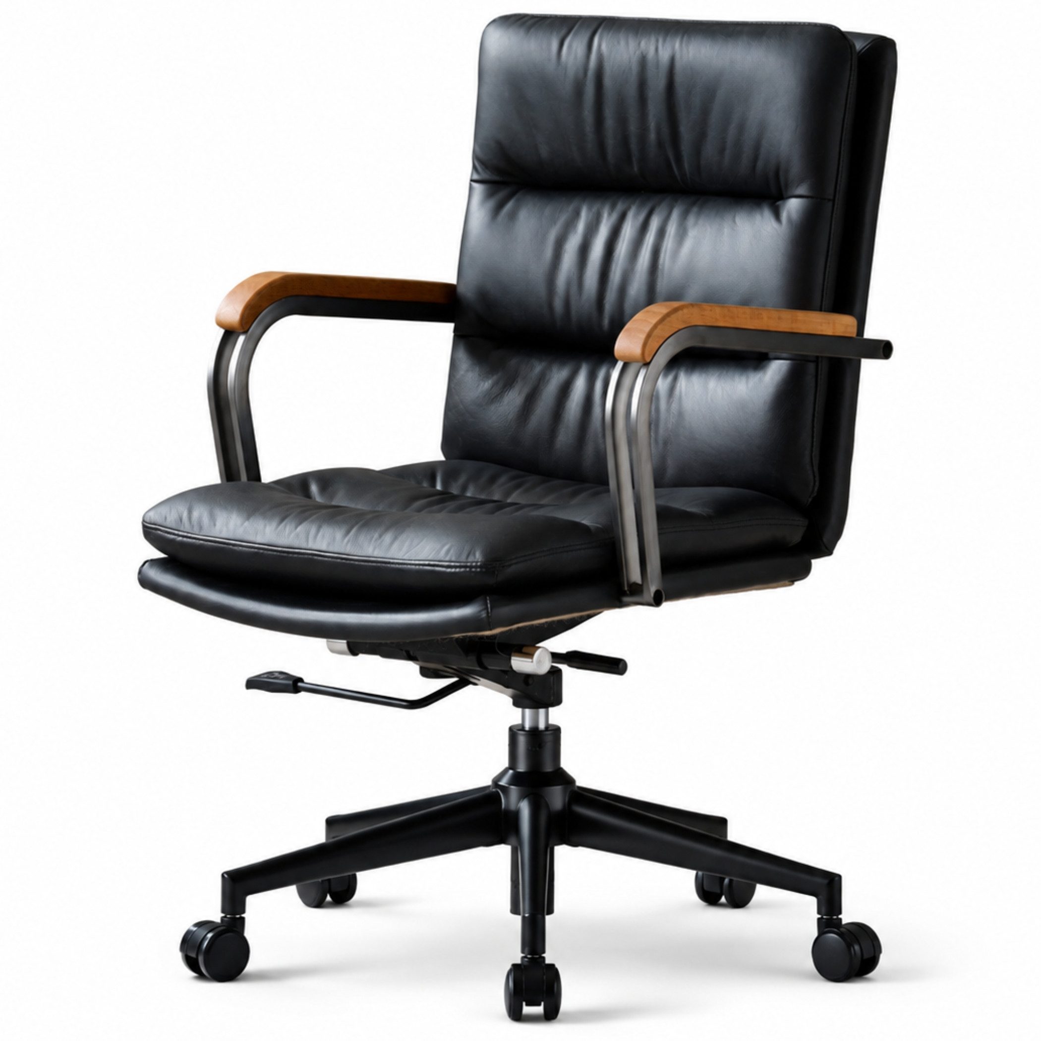 SeedWave Bürostuhl Lederbezug Chefsessel mit Holz-Armlehnen, Drehstuhl mit Wippfunktion, Industrial-Stil, bis 136kg belastbar, mit leisen Rollen